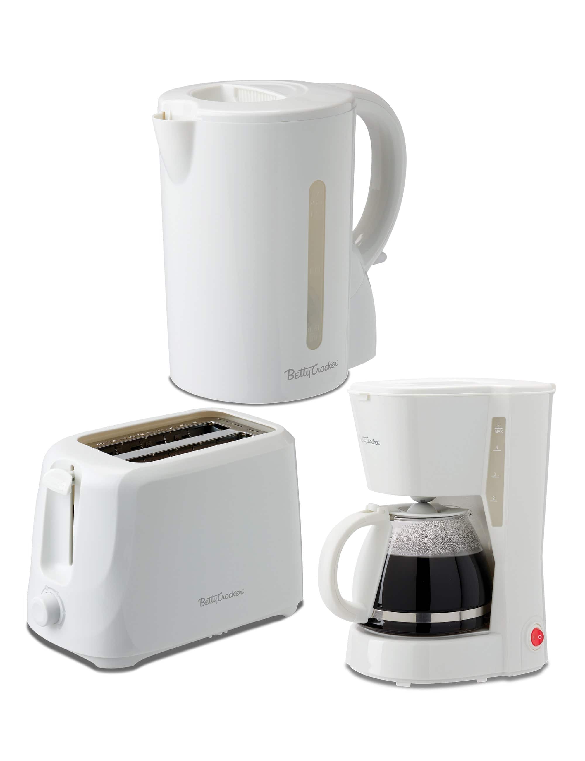 Betty Crocker - 3-Piece Kitchen Set: 5-Cup Drip Coffee Maker, 1.7L Electric Kettle with STRIX Technology & 2-Slice Toaster, BC-4995W - White
