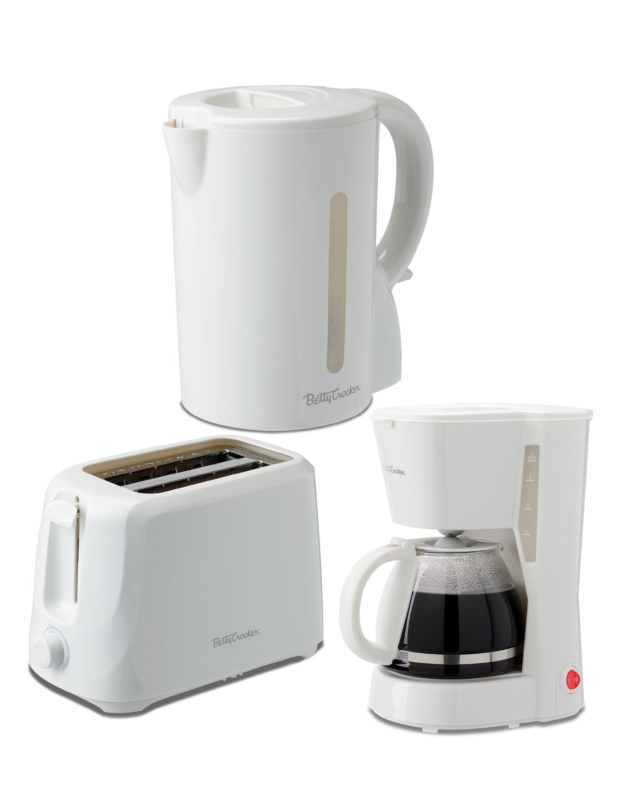 Betty Crocker - 3-Piece Kitchen Set: 5-Cup Drip Coffee Maker, 1.7L Electric Kettle with STRIX Technology & 2-Slice Toaster, BC-4995W - White