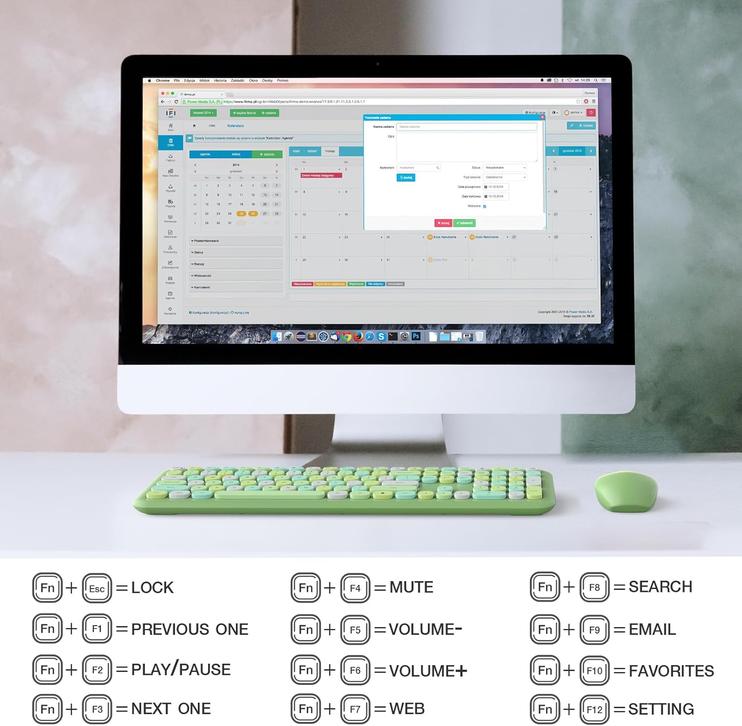 - Fn + Esc = LOCK
- Fn + F1 = PREVIOUS ONE
- Fn + F2 = PLAY/PAUSE
- Fn + F3 = NEXT ONE
- Fn + F4 = MUTE
- Fn + F5 = VOLUME-
- Fn + F6 = VOLUME+
- Fn + F7 = WEB
- Fn + F8 = SEARCH
- Fn + F9 = EMAIL
- Fn + F10 = FAVORITES
- Fn + F12 = SETTING