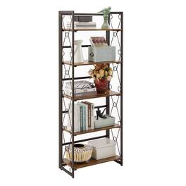 Vecelo - 5-Tier No Assembly Folding Bookshelf - Sturdy Metal Frame, Display Stand Shelves, Space-Saving Storage for Home & Office - Antique Brown