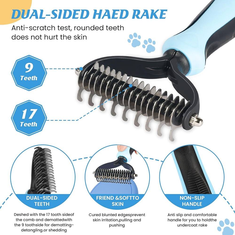 DUAL-SIDED HAED RAKE

Anti-scratch test, rounded teeth does not hurt the skin

9 Teeth

17 Teeth

DUAL-SIDED TEETH

Deshed with the 17 tooth side of the comb and dematted with the 9 tooth side for dematting, detangling, or shedding

FRIEND & SOFT TO SKIN

Cured blunted edges prevent skin irritation, pulling and pushing

NON-SLIP HANDLE

Anti slip and comfortable handle for you to hold the undercoat rake