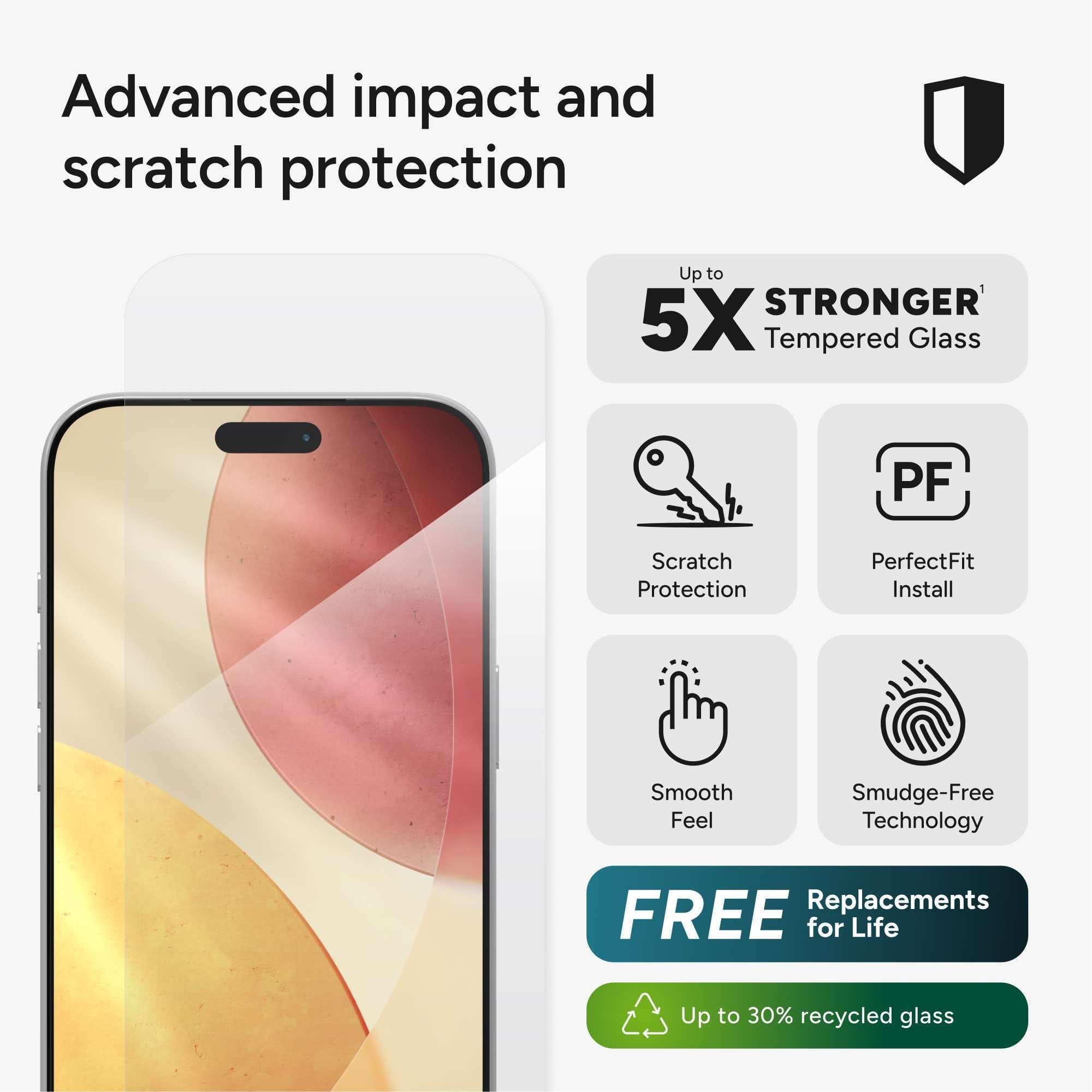 Advanced impact and scratch protection
Up to 5X STRONGER Tempered Glass
Scratch Protection
PerfectFit Install
Smooth Feel
Smudge-Free Technology
FREE Replacements for Life
Up to 30% recycled glass