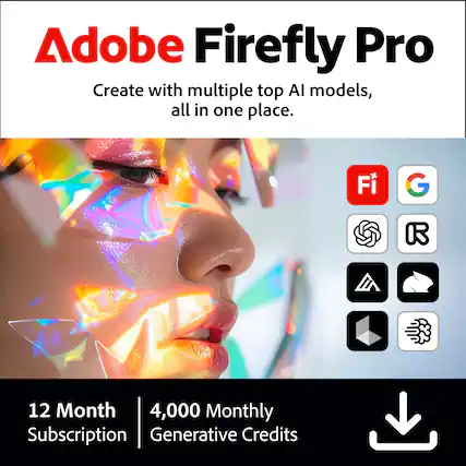 Adobe Firefly Pro
Create with multiple top AI models, all in one place.
12 Month Subscription
4,000 Monthly Generative Credits