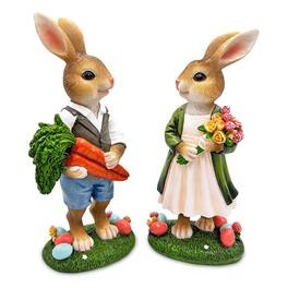 OrnamentallyYou - Harvest and Bloom Country Bunny Pair Figurine, 8" Rabbit Garden Statue Set - Multicolored