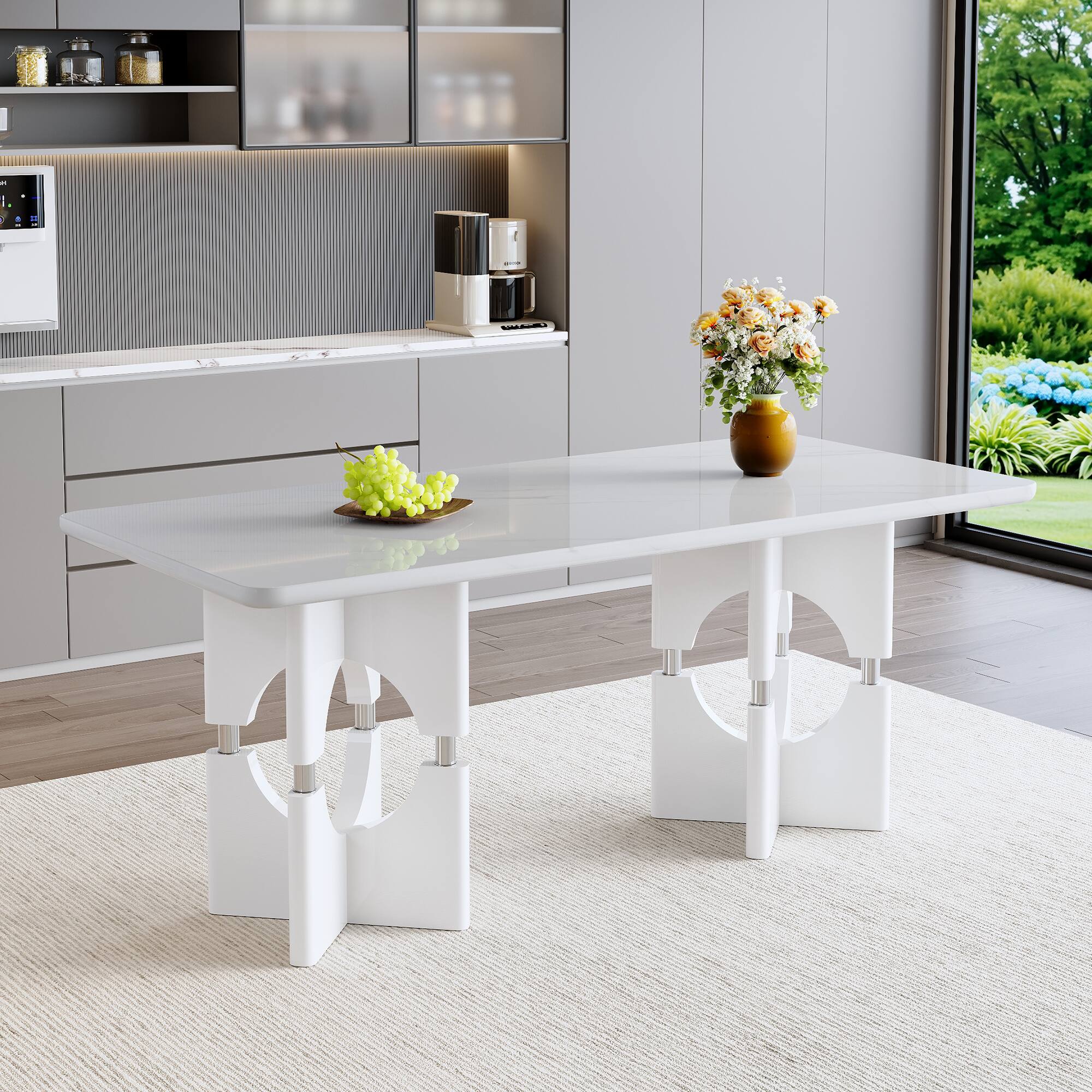 Angle. Loheer - Loheer- Modern Faux Marble Dining Table 5.9x2.8x2.5 ft Hollow Metal Frame Kitchen Table For Apartments - White.