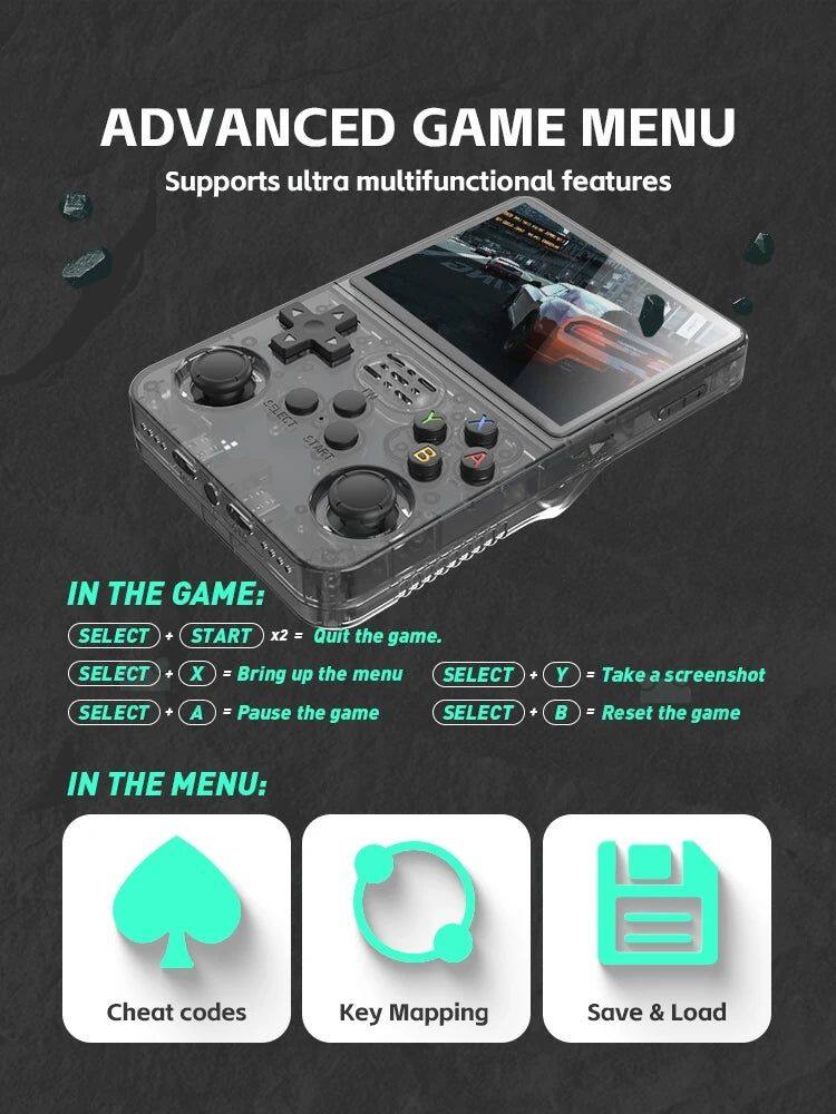 ADVANCED GAME MENU  
Supports ultra multifunctional features

IN THE GAME:  
- SELECT + START x2 = Quit the game  
- SELECT + X = Bring up the menu  
- SELECT + Y = Take a screenshot  
- SELECT + A = Pause the game  
- SELECT + B = Reset the game  

IN THE MENU:  
- Cheat codes  
- Key Mapping  
- Save & Load