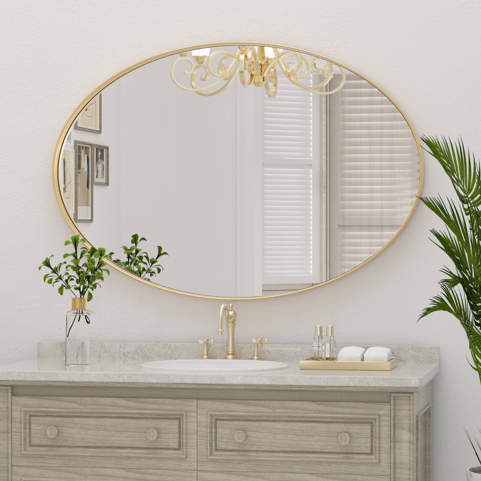 Alt View 3. PAIHOME - Rust-Resistant Oval Bathroom Mirror Iron Frame Wall Mirror, HD Glass & Easy Hang - Distortion-Free Vanity Mirror - Gold-22x30 Inch.