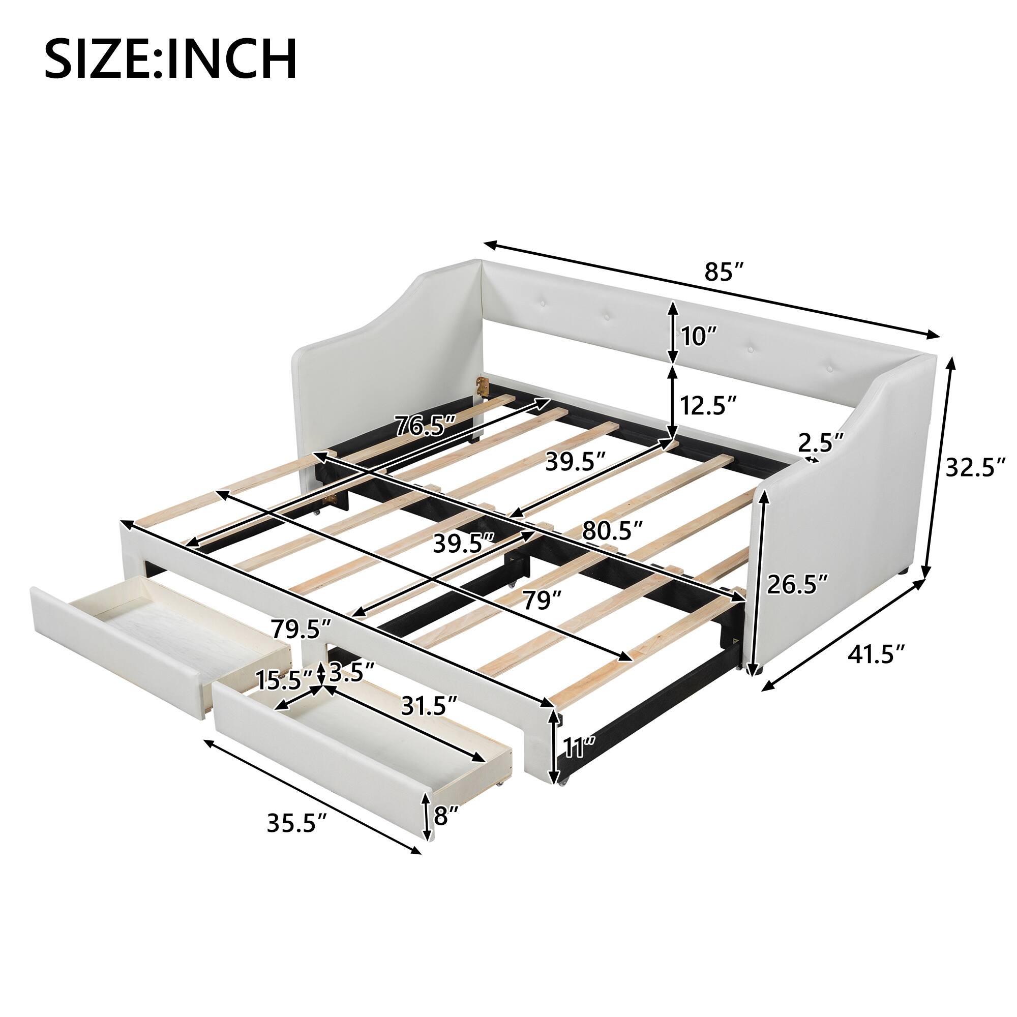 SIZE: INCH

- 85"
- 10"
- 76.5"
- 39.5"
- 12.5"
- 2.5"
- 32.5"
- 80.5"
- 39.5"
- 79"
- 79.5"
- 15.5"
- 13.5"
- 15.5"
- 31.5"
- 11"
- 26.5"
- 41.5"
- 35.5"
- 8"