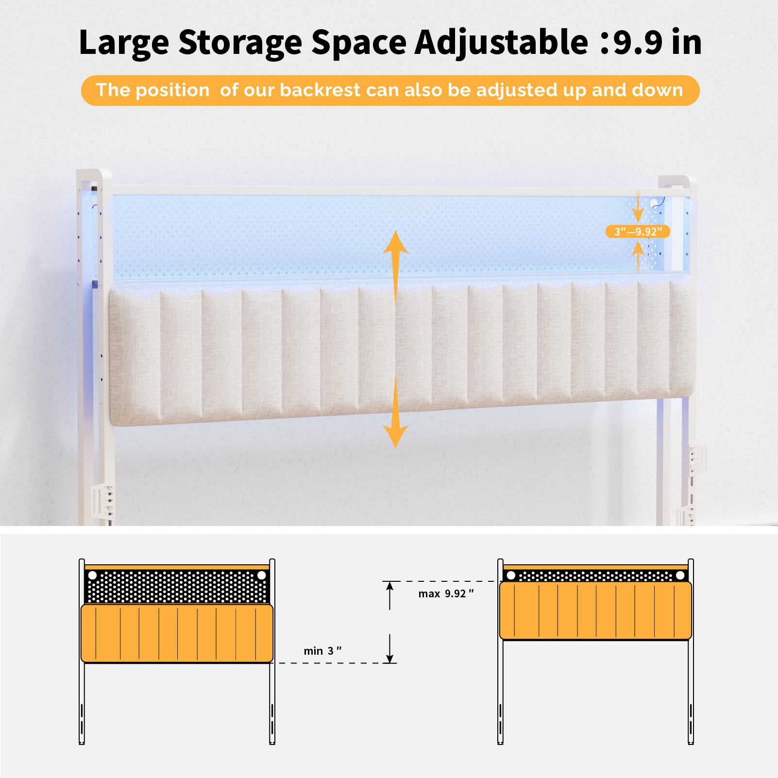 Large Storage Space Adjustable: 9.9 in  
The position of our backrest can also be adjusted up and down  
3" - 9.92"  
max 9.92"  
min 3"