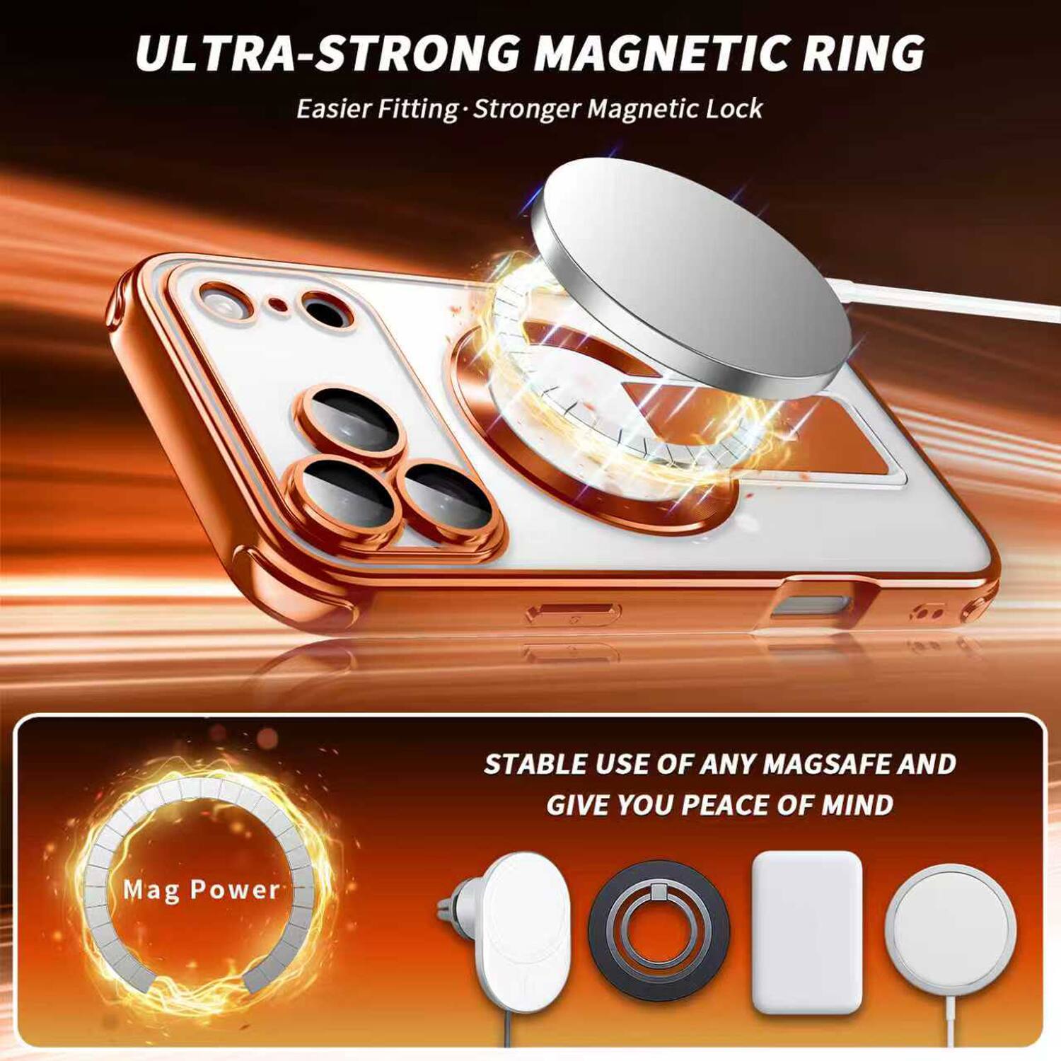ULTRA-STRONG MAGNETIC RING  
Easier Fitting • Stronger Magnetic Lock  

STABLE USE OF ANY MAGSAFE AND GIVE YOU PEACE OF MIND  

Mag Power