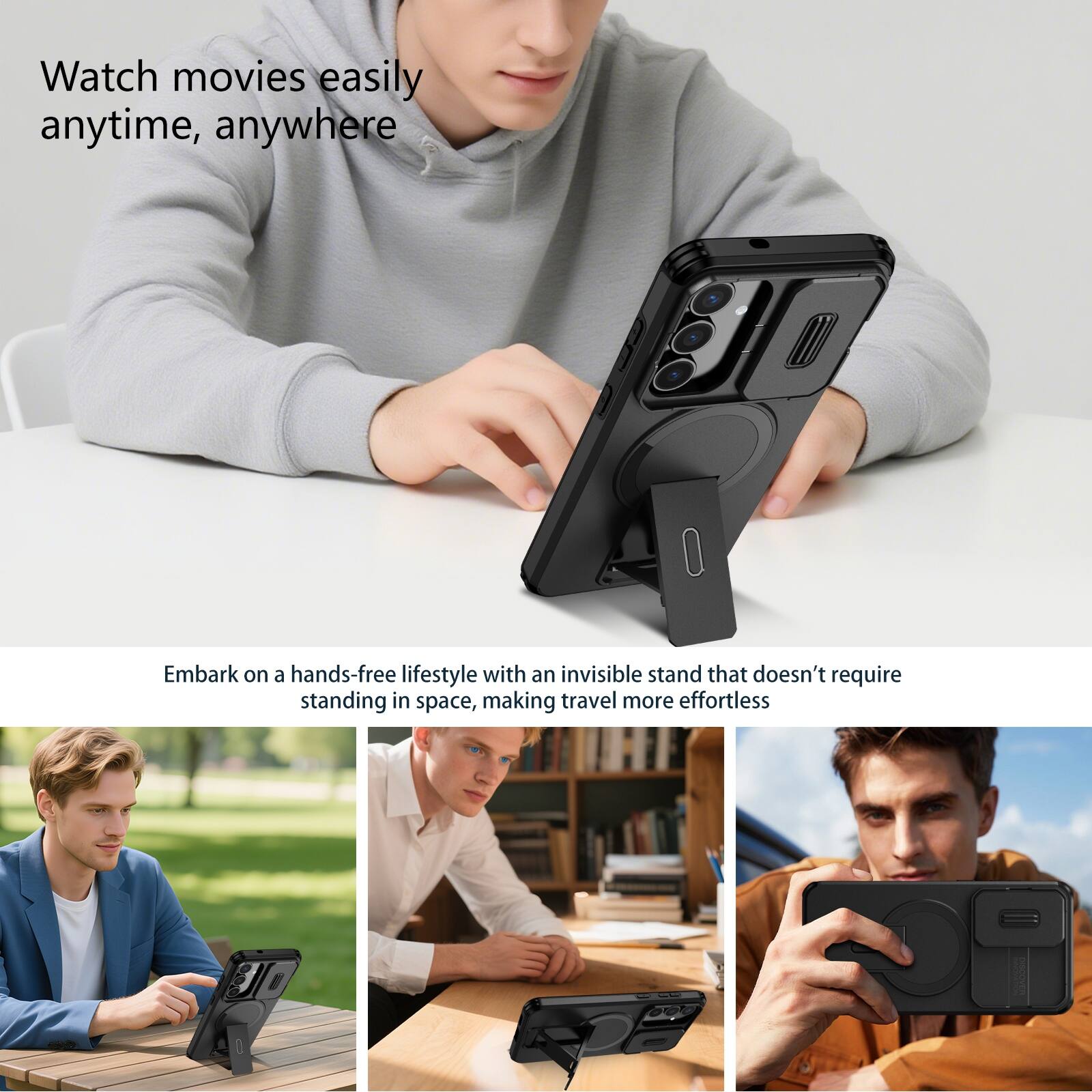 Watch movies easily anytime, anywhere

Embark on a hands-free lifestyle with an invisible stand that doesn't require standing in space, making travel more effortless