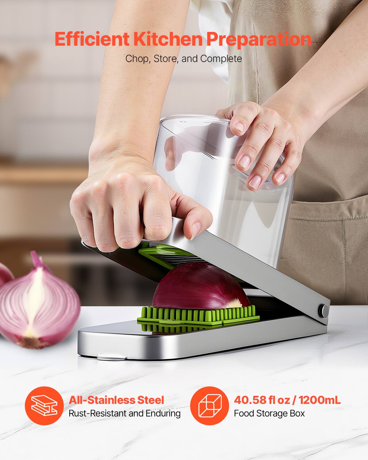 Efficient Kitchen Preparation  
Chop, Store, and Complete  

All-Stainless Steel  
Rust-Resistant and Enduring  

40.58 fl oz / 1200mL  
Food Storage Box
