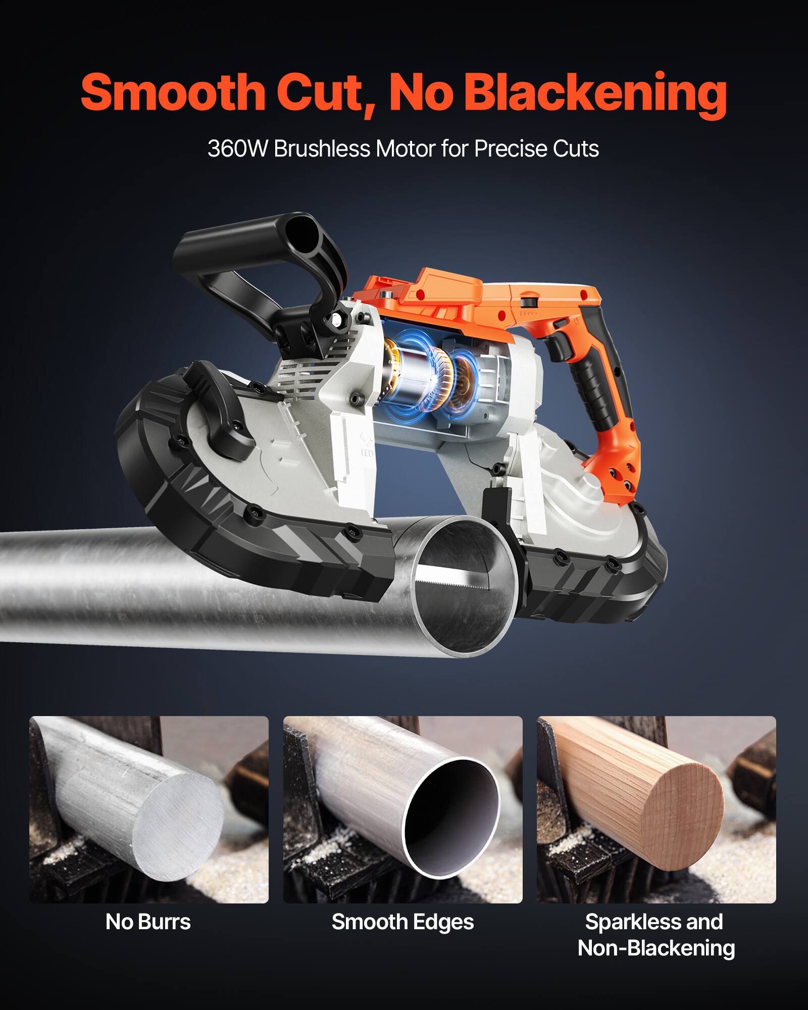 Smooth Cut, No Blackening  
360W Brushless Motor for Precise Cuts  

THE LED  

No Burrs  
Smooth Edges  
Sparkless and Non-Blackening