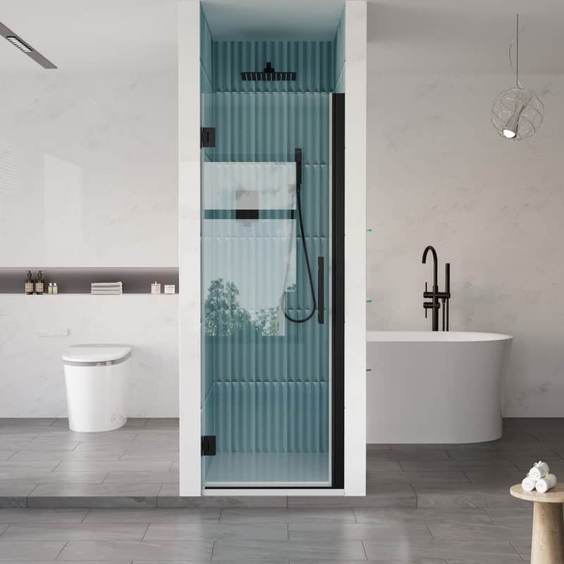 "WELLFOR - 26–27 in. W x 72 in. H Frameless Hinged Shower Door with 3/8"" Clear Tempered Glass, Reversible Opening - Matte Black" price history on PriceWatchPro
