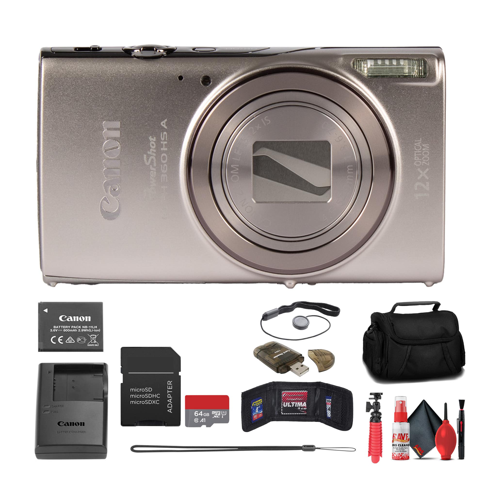 Bundle - Canon - PowerShot ELPH 360 HS A Camera + 64GB Card + Case + More
