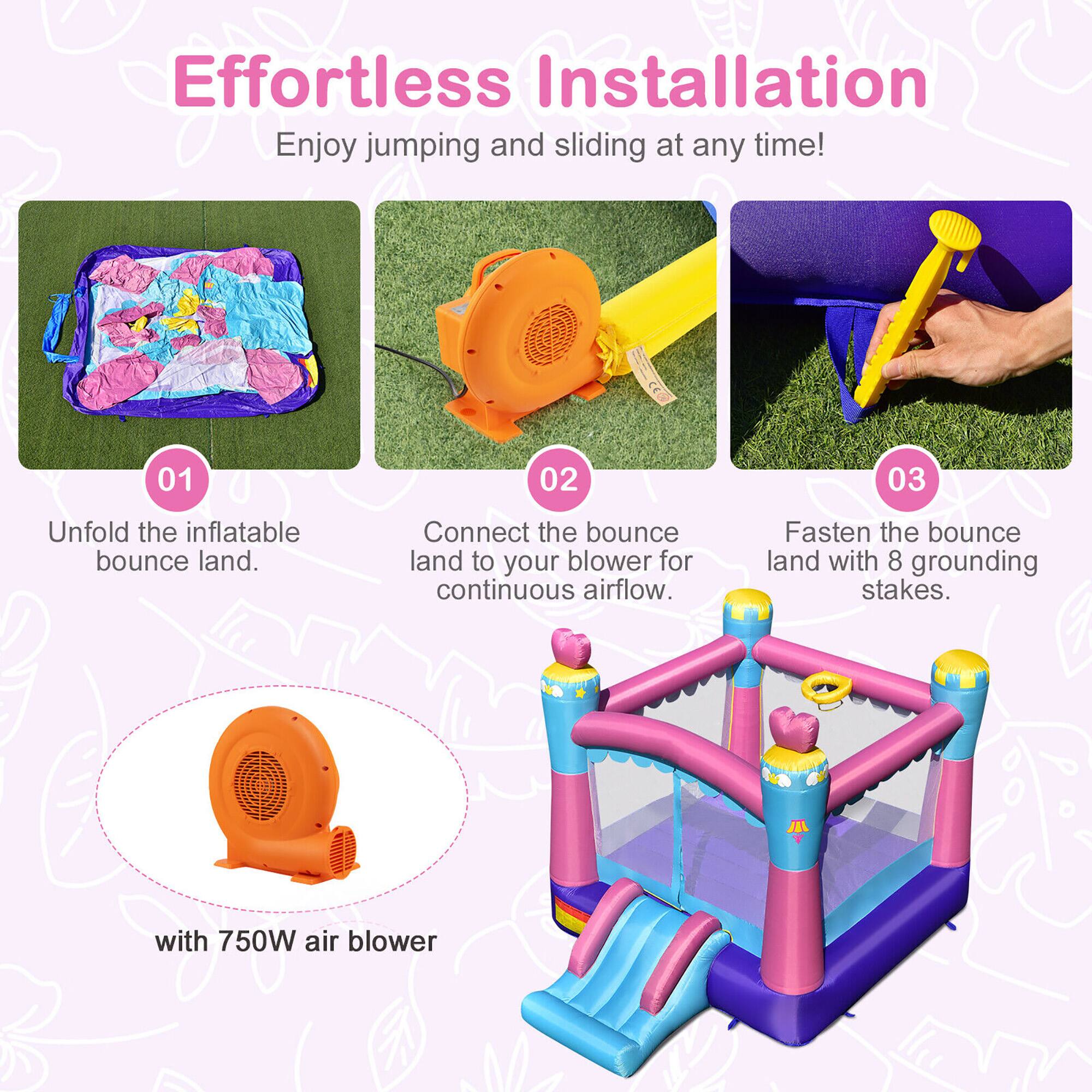 Effortless Installation  
Enjoy jumping and sliding at any time!

01  
Unfold the inflatable bounce land.

02  
Connect the bounce land to your blower for continuous airflow.

03  
Fasten the bounce land with 8 grounding stakes.

with 750W air blower