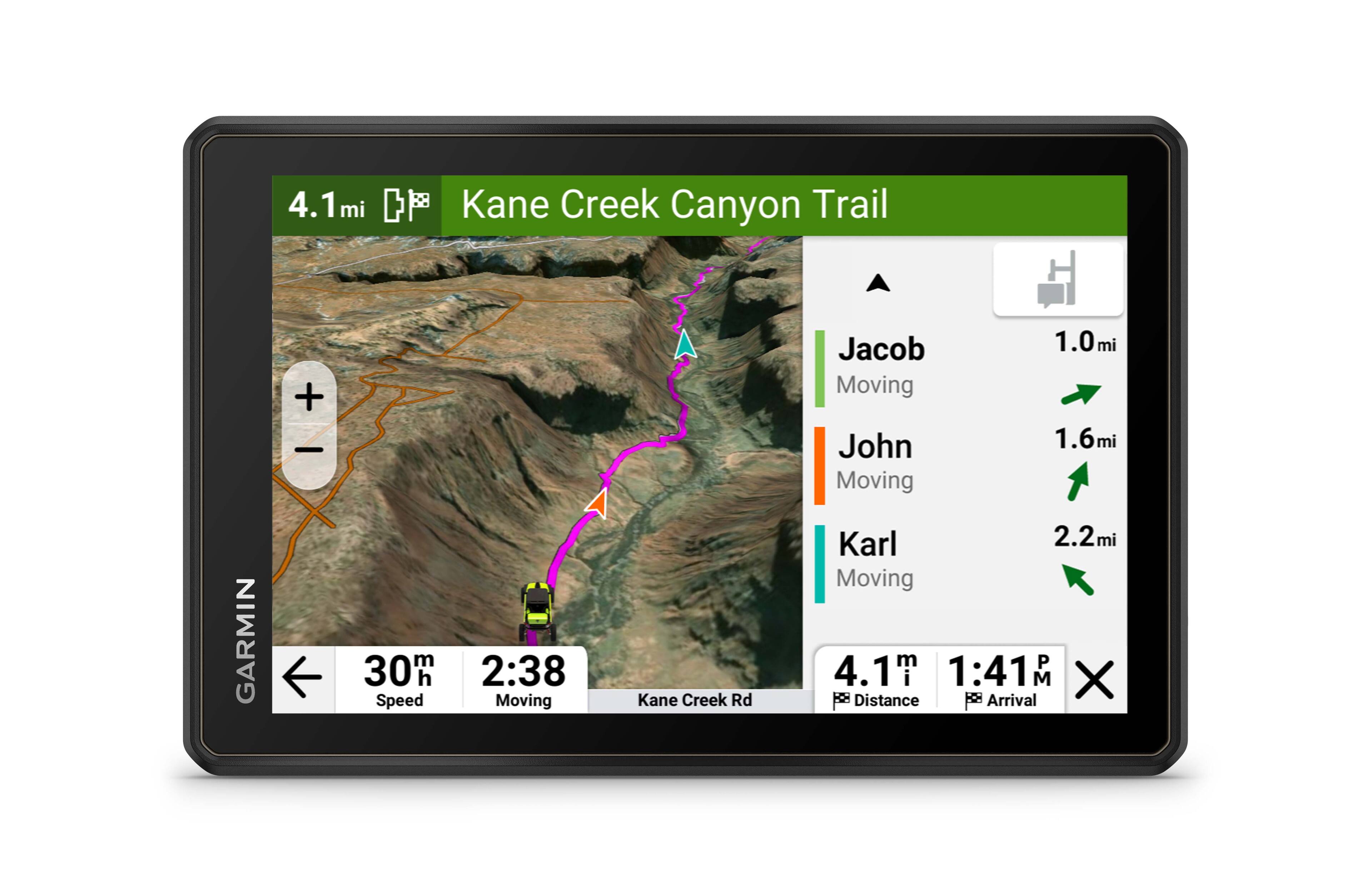 The text on the image is grouped and corrected as follows:

4.1 mi Kane Creek Canyon Trail + Jacob Moving John Moving 1.0 mi 1.6 mi Garmin m 30m h Speed 2:38 Moving Kane Creek Rd Karl 2.2 mi Moving m P 4.1 mi 1:41 M X HH Distance HCH Arrival
