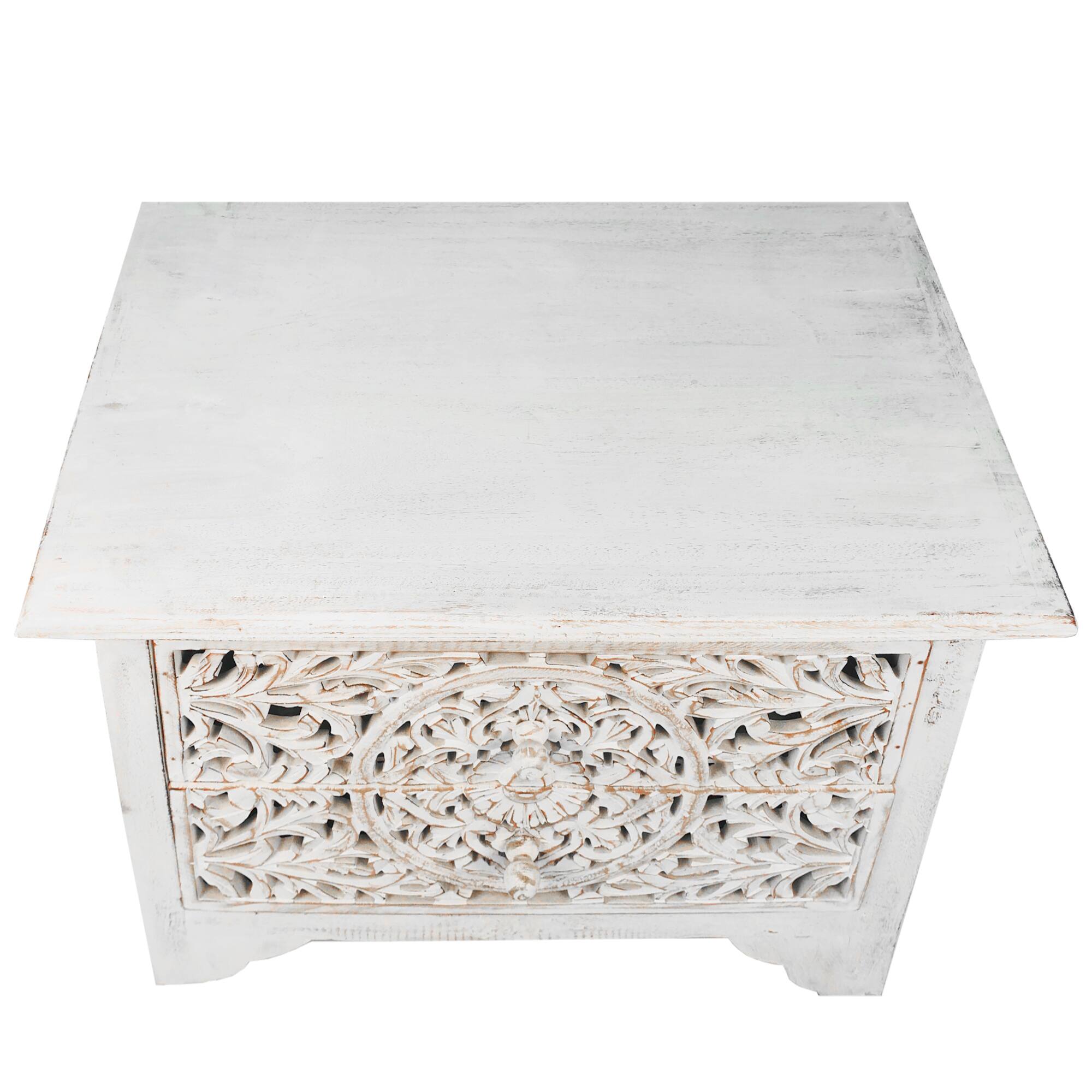Alt View 2. Manhattan Lane - 24 Inch Handcrafted Mango Wood Nightstand Side Table, 2 Drawers, Floral Carved Cut Out Design - White.