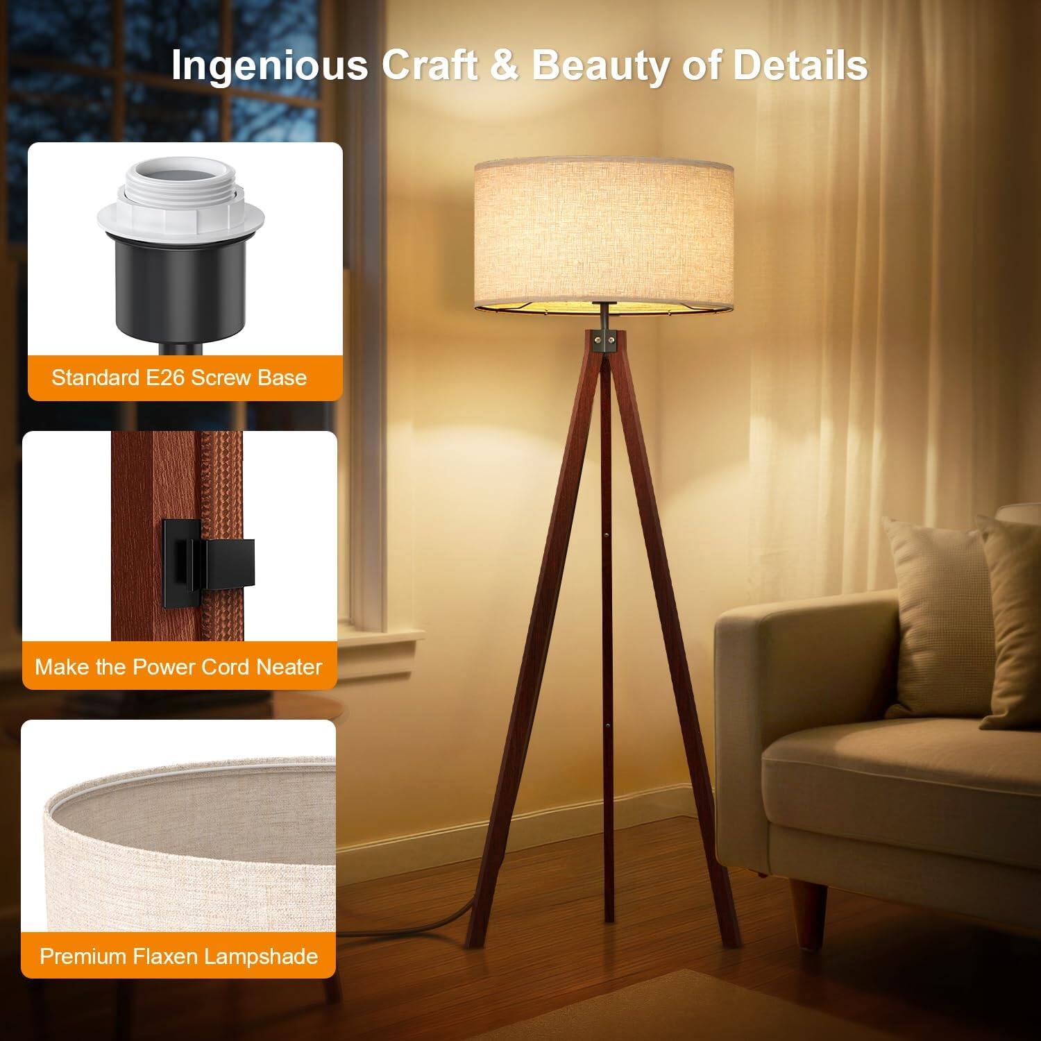 Ingenious Craft & Beauty of Details

Standard E26 Screw Base

Make the Power Cord Neater

Premium Flaxen Lampshade