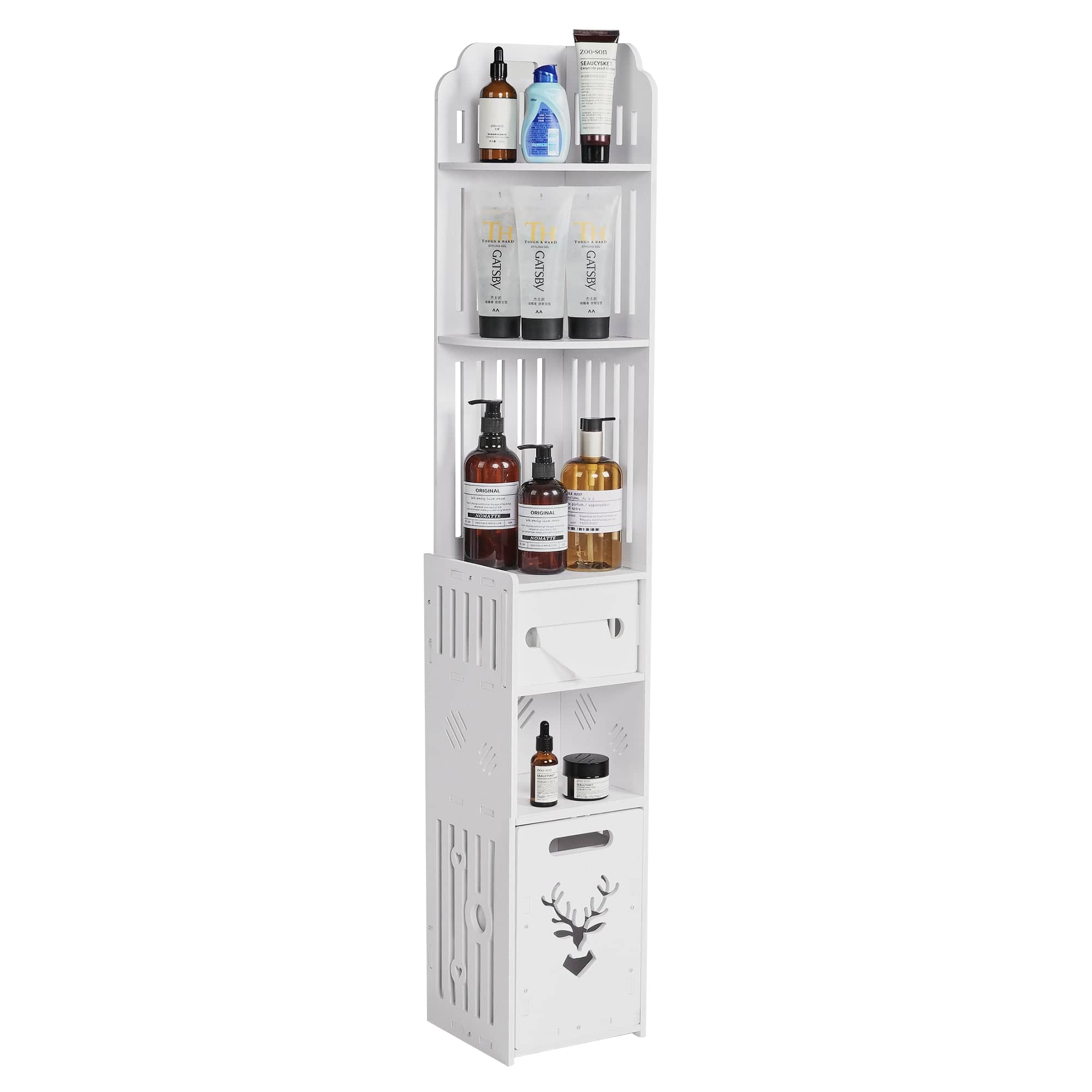 Vecelo - Narrow Bathroom Storage Cabinet with Toilet Paper Organizer-Space-Saving, Perfect for Small Bathrooms & Next to Toilets - White