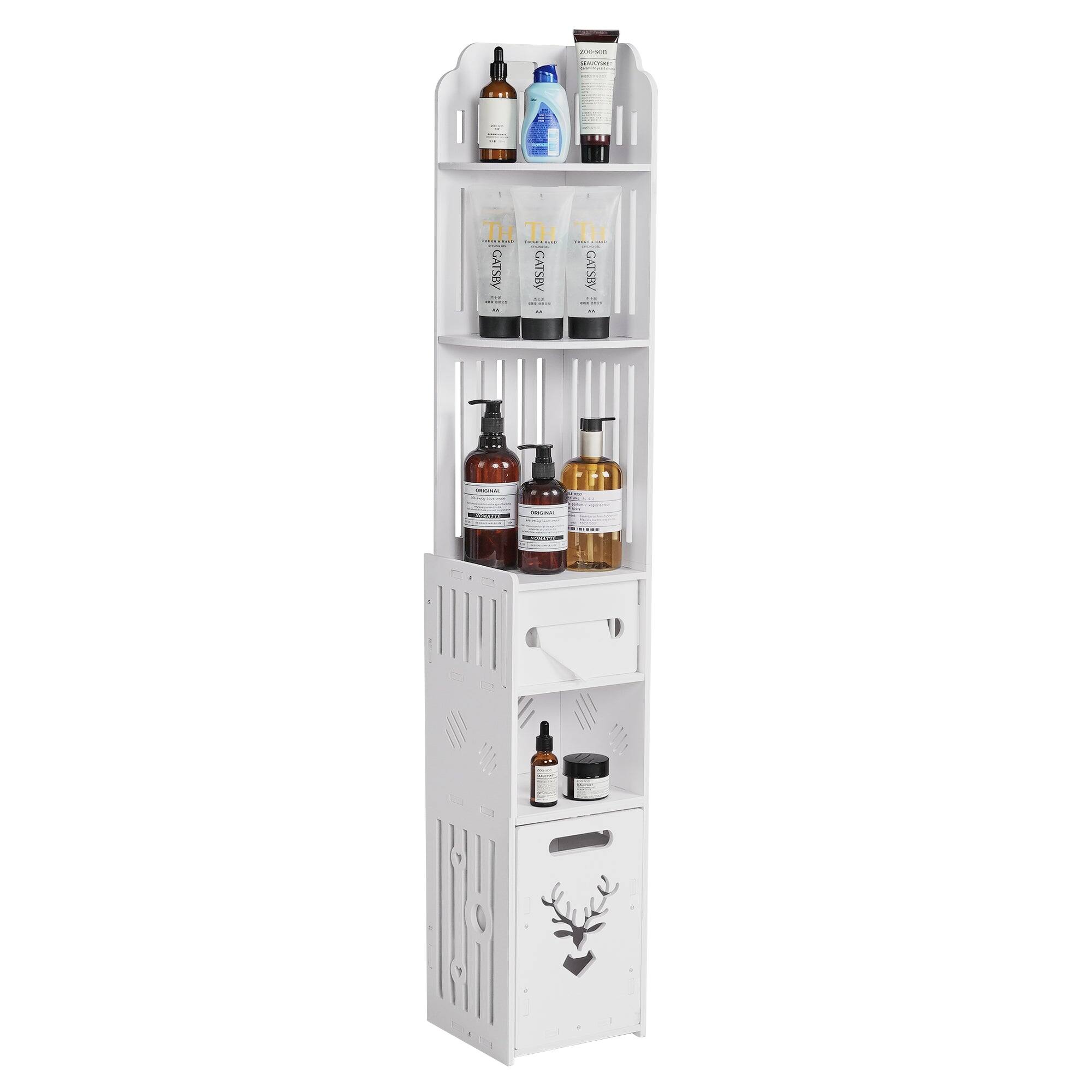 Vecelo - Narrow Bathroom Storage Cabinet with Toilet Paper Organizer-Space-Saving, Perfect for Small Bathrooms & Next to Toilets - White
