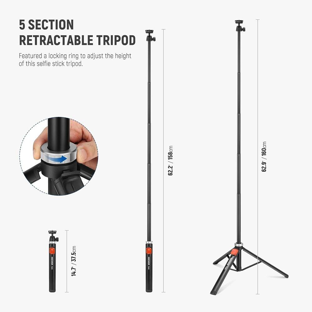 5 SECTION RETRACTABLE TRIPOD

Featured a locking ring to adjust the height of this selfie stick tripod.

- 158cm
- 62.2 / 62.9
- 37.5cm
- 14.7