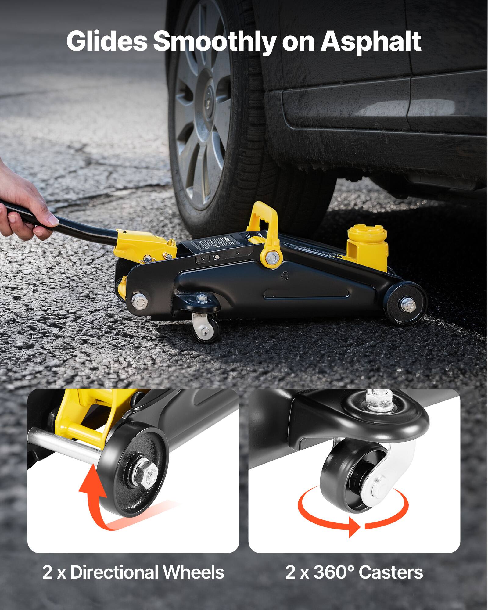 Glides Smoothly on Asphalt  
2 x Directional Wheels  
2 x 360° Casters