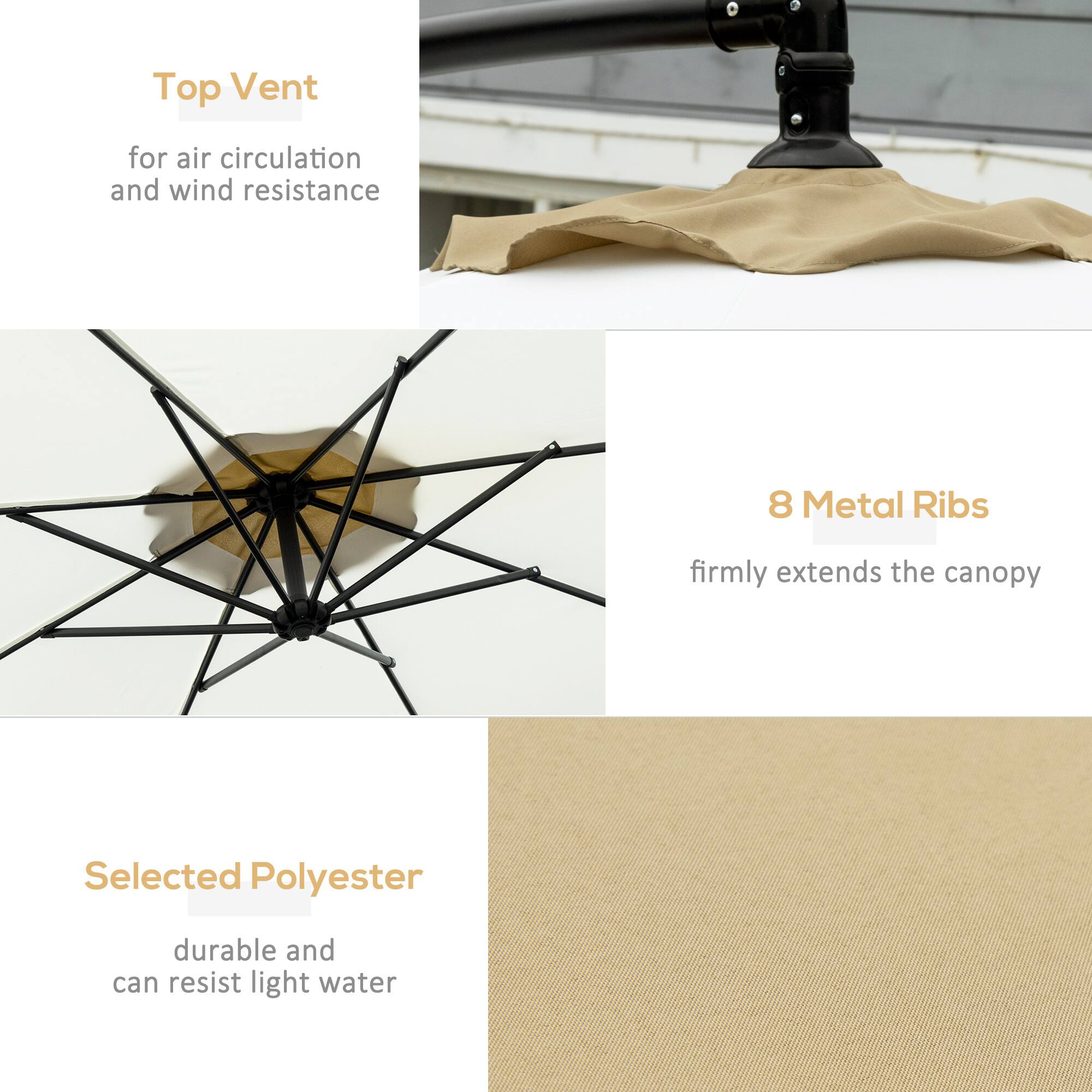 Top Vent for air circulation and wind resistance

8 Metal Ribs firmly extends the canopy

Selected Polyester durable and can resist light water