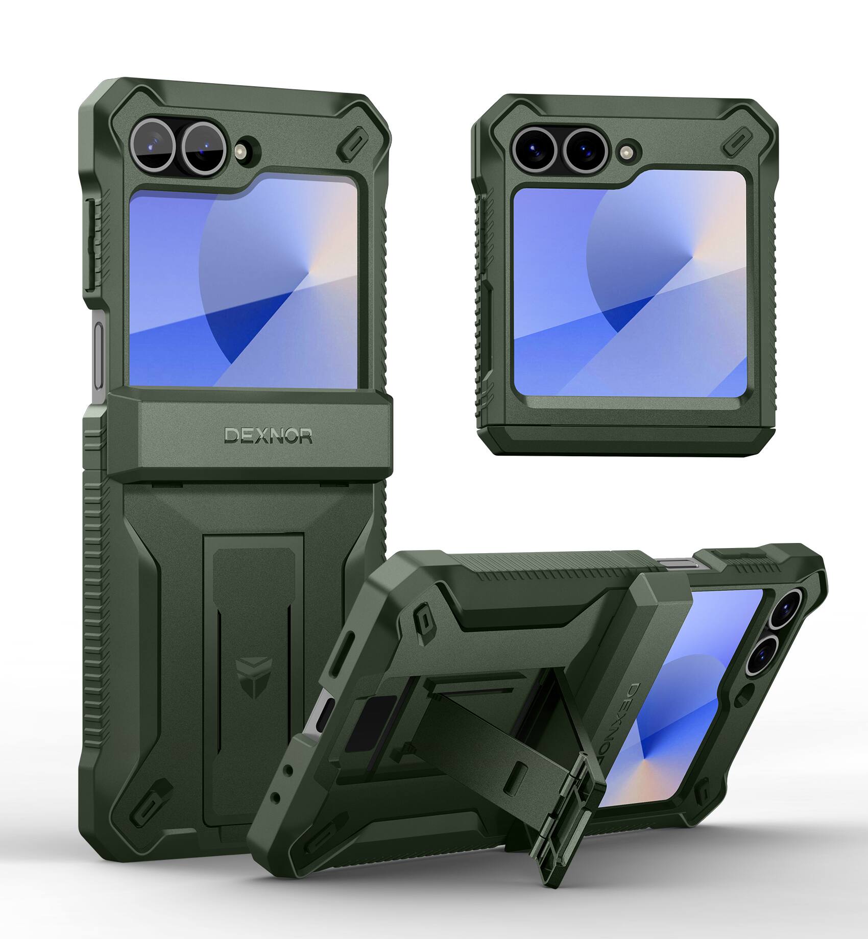 Front. dexnor - Dexnor for Samsung Galaxy Z Flip 6 Full-Body Case with Stand & Hinge Protection & Front Screen Protector,Army Green - Army Green.