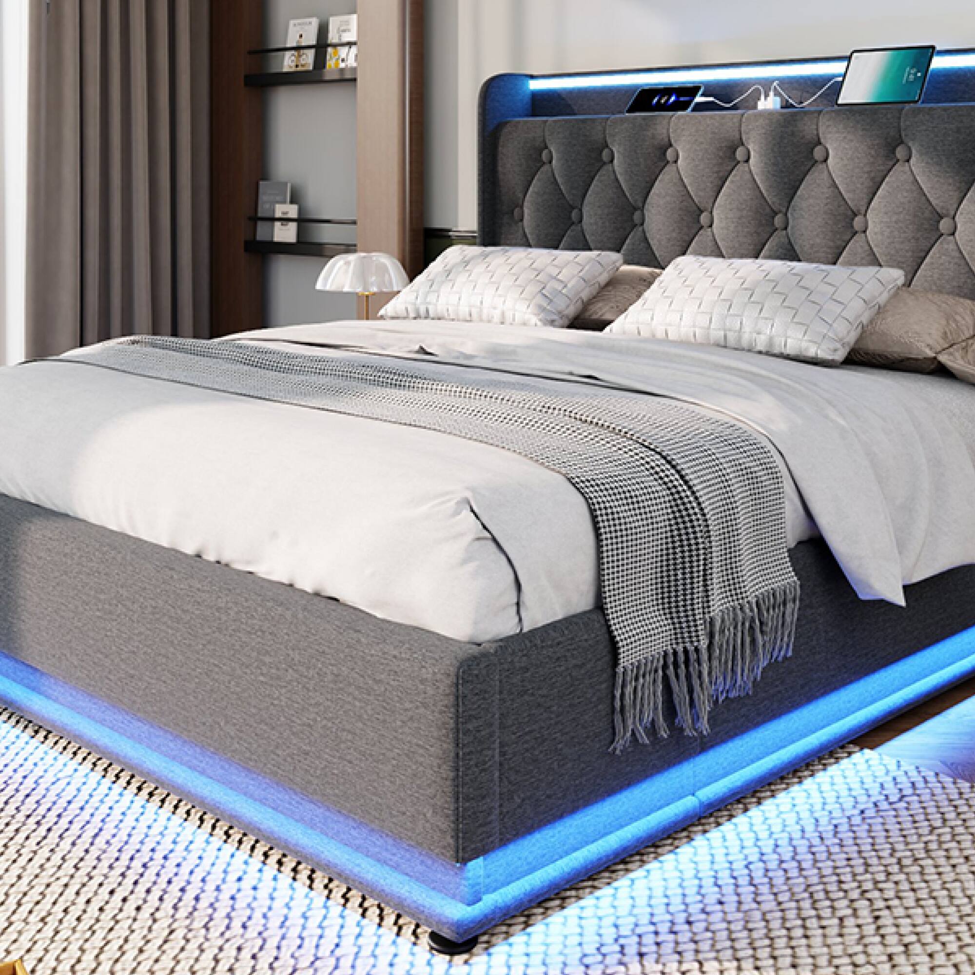 Left. GOODSILO - Full Size Upholstered Bed with LED Lighting, Hydraulic Storage, and USB Charging - Gray.