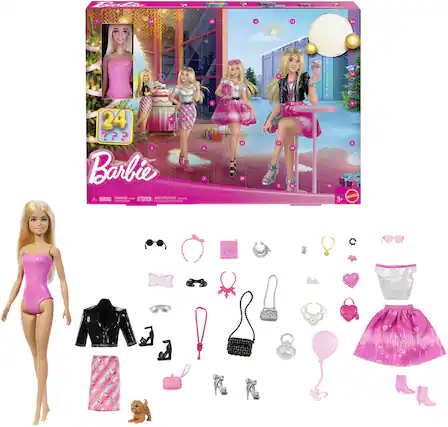 Sure, here is the corrected and grouped text from the image:
---
**Barbie**
**24**
**Barbie**
**3+**
**WARNING: CHOKING HAZARD - Small parts. Not for children under 3 years.**
**ATTENTION: RISQUE DE SOUFFOCATION - Petits morceaux. Ne convient pas aux enfants de moins de 3 ans.**
**MATTEL**
---
**Accessories:**
- Sunglasses
- Bracelets
- Necklaces
- Rings
- Earrings
- Hair accessories
- Shoes
- Dresses
- Skirt
- Jacket
- Handbag
- Dog figurine
- Balloon
- Cake
- Gift box
- Table
- Chair
- Clock
- Christmas tree
- Presents
---