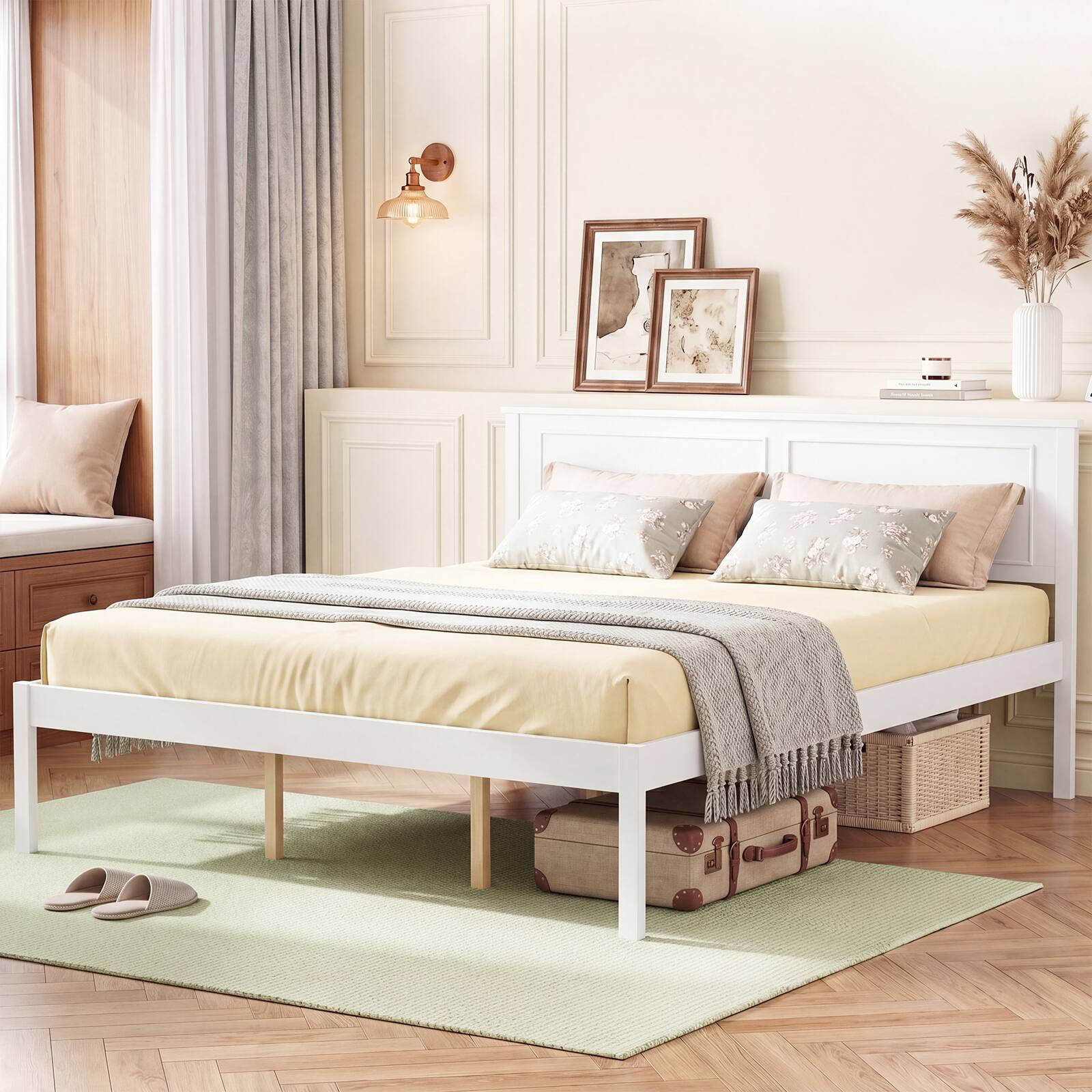 Alt View 4. Gymax - Gymax Queen Size Bed Frame Farmhouse Wooden Platform Bed w/Headboard Under-Bed Storage - White.