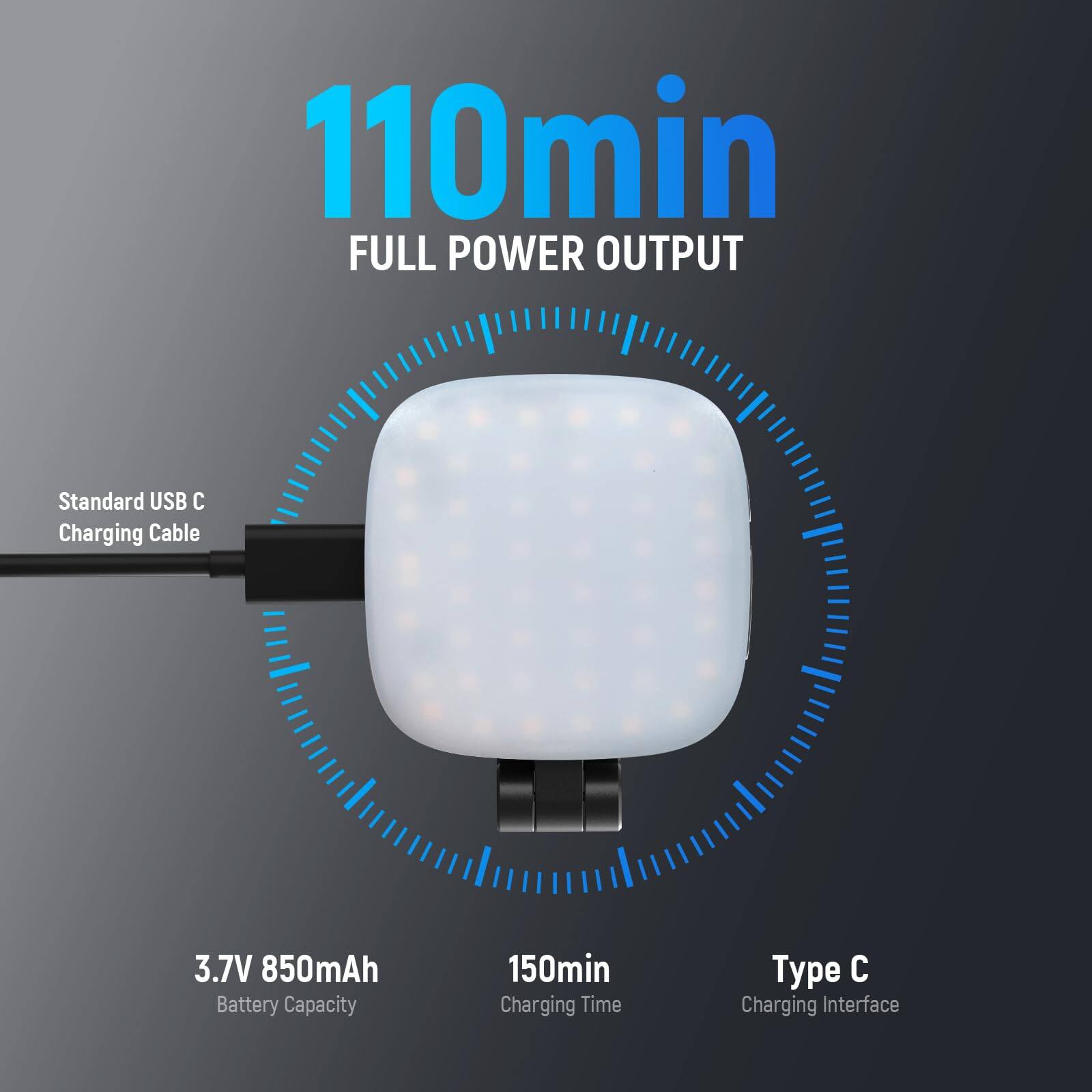 110min FULL POWER OUTPUT

Standard USB C Charging Cable

3.7V 850mAh Battery Capacity

150min Charging Time

Type C Charging Interface