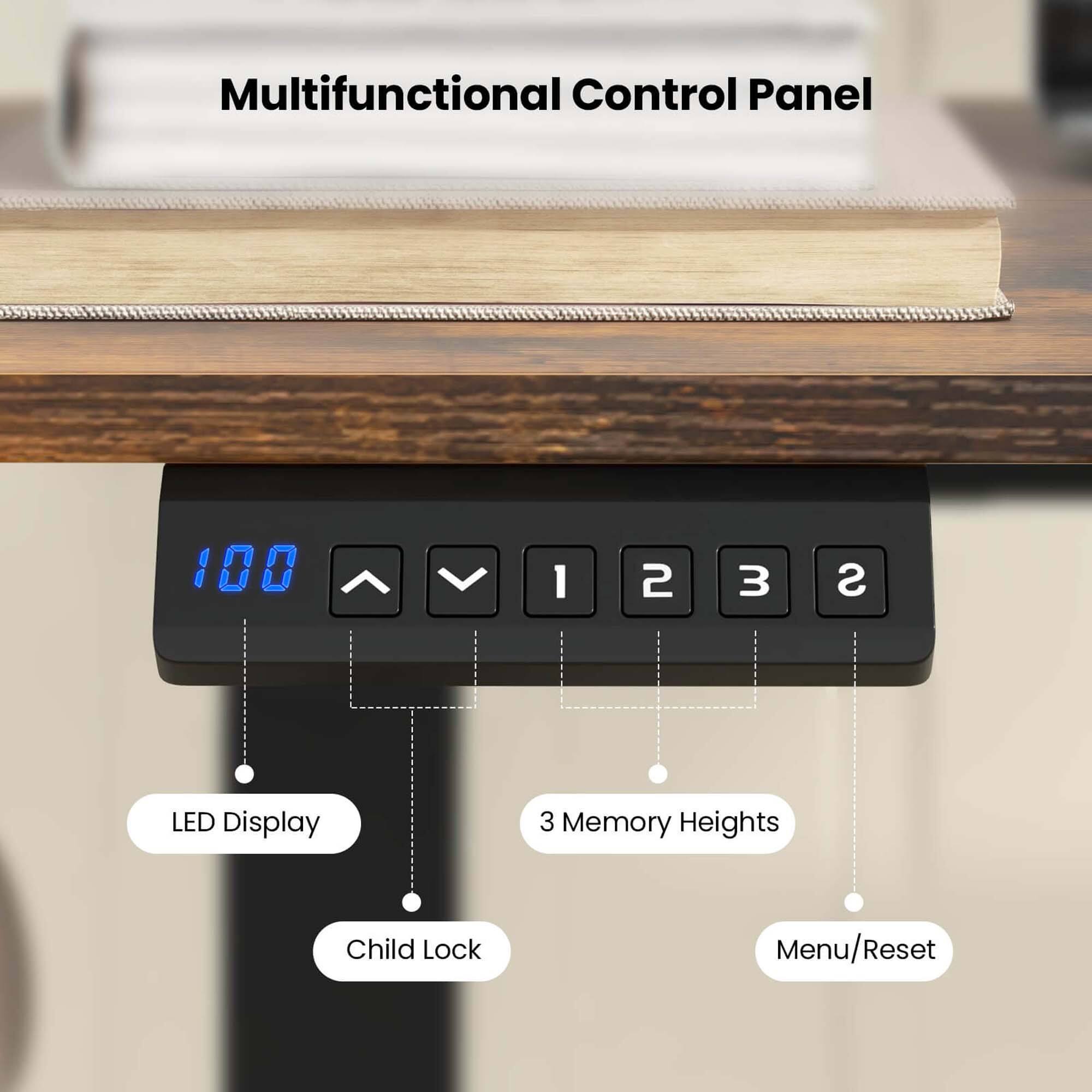 Multifunctional Control Panel:

* 100: Display
* 1, 2, 3: Memory Heights
* Child Lock: Safety Feature
* Menu/Reset: Navigation and Functionality