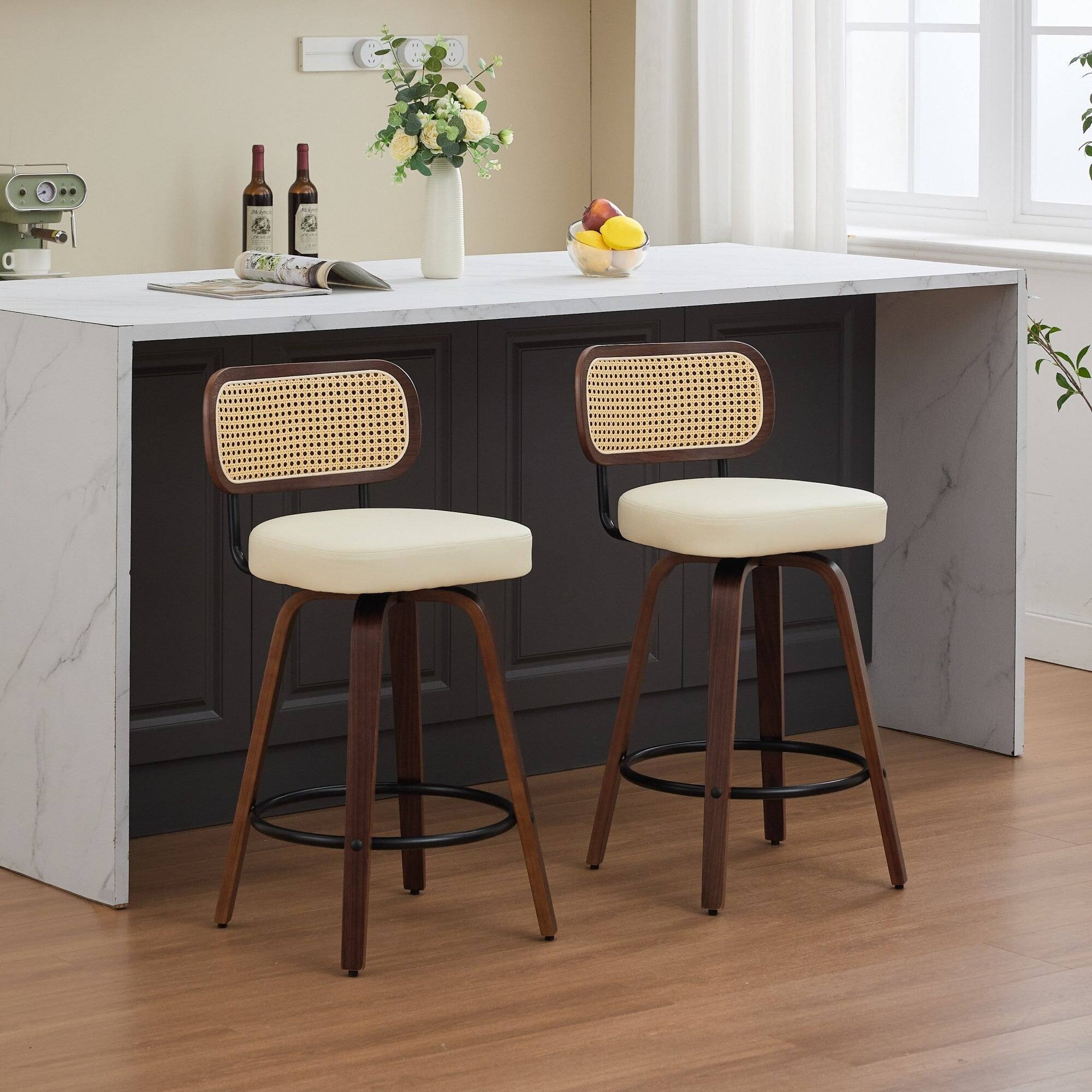 Back. Boyel Living - 26 Inch Swivel Counter Height Bar Stools Set of 2 with Walnut Bentwood Legs - Beige.