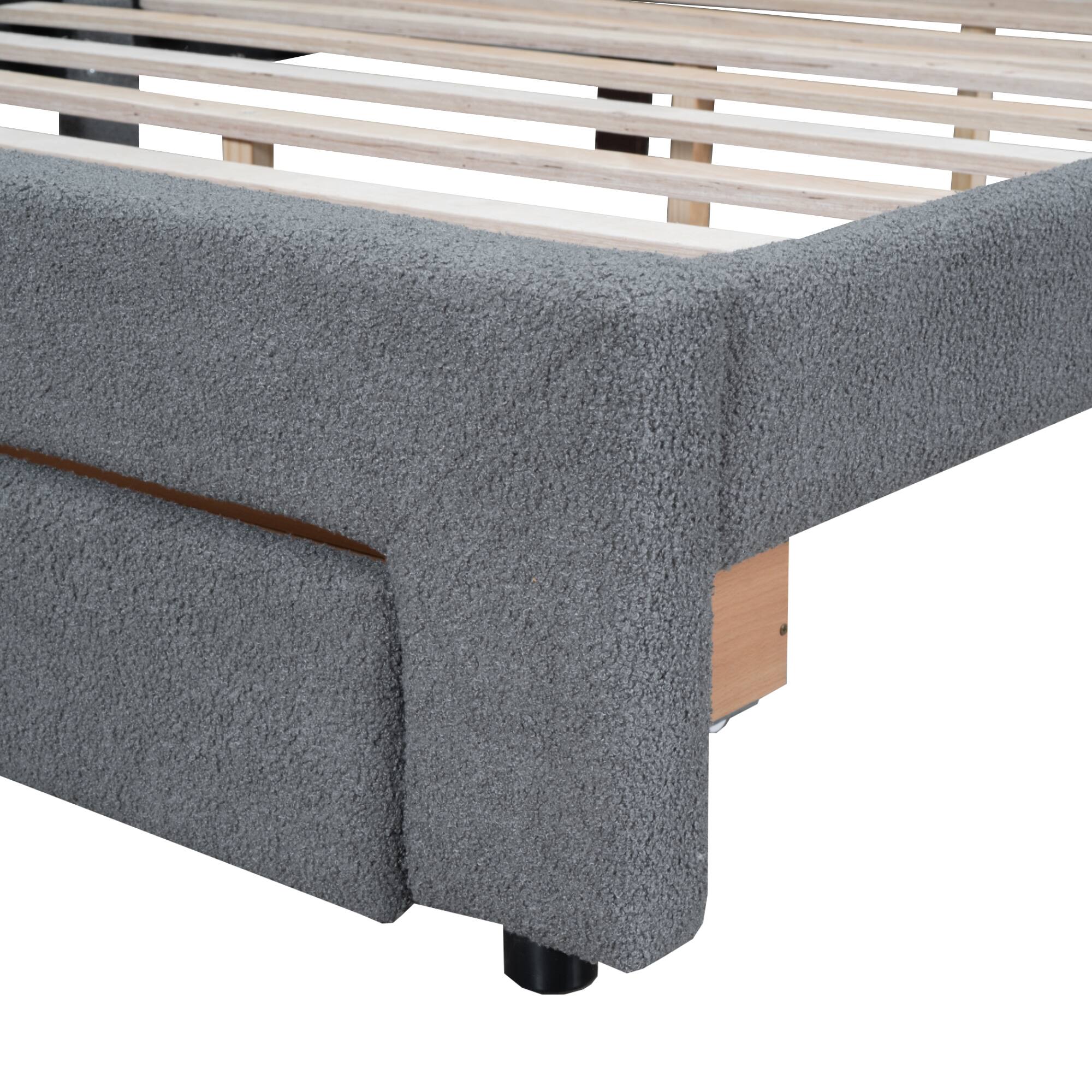 Alt View 7. Tiramisubest - Teddy Fleece Queen Size Upholstered Platform Bed with Drawer, Gray - Gray.