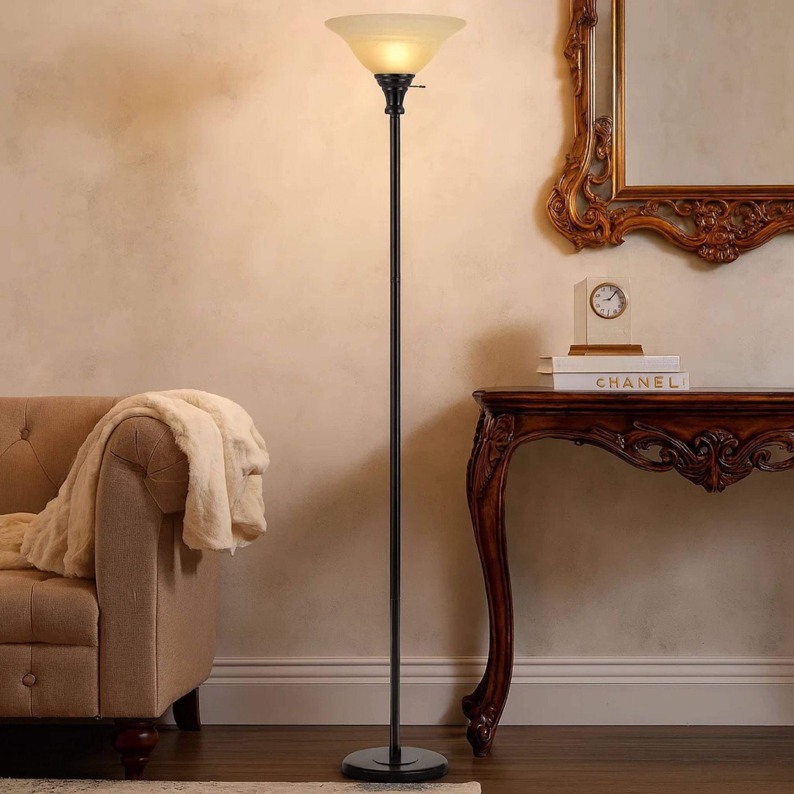 Alt View 2. Manhattan Lane - Metal Round 3 Way Torchiere Lamp with Frosted Shade.