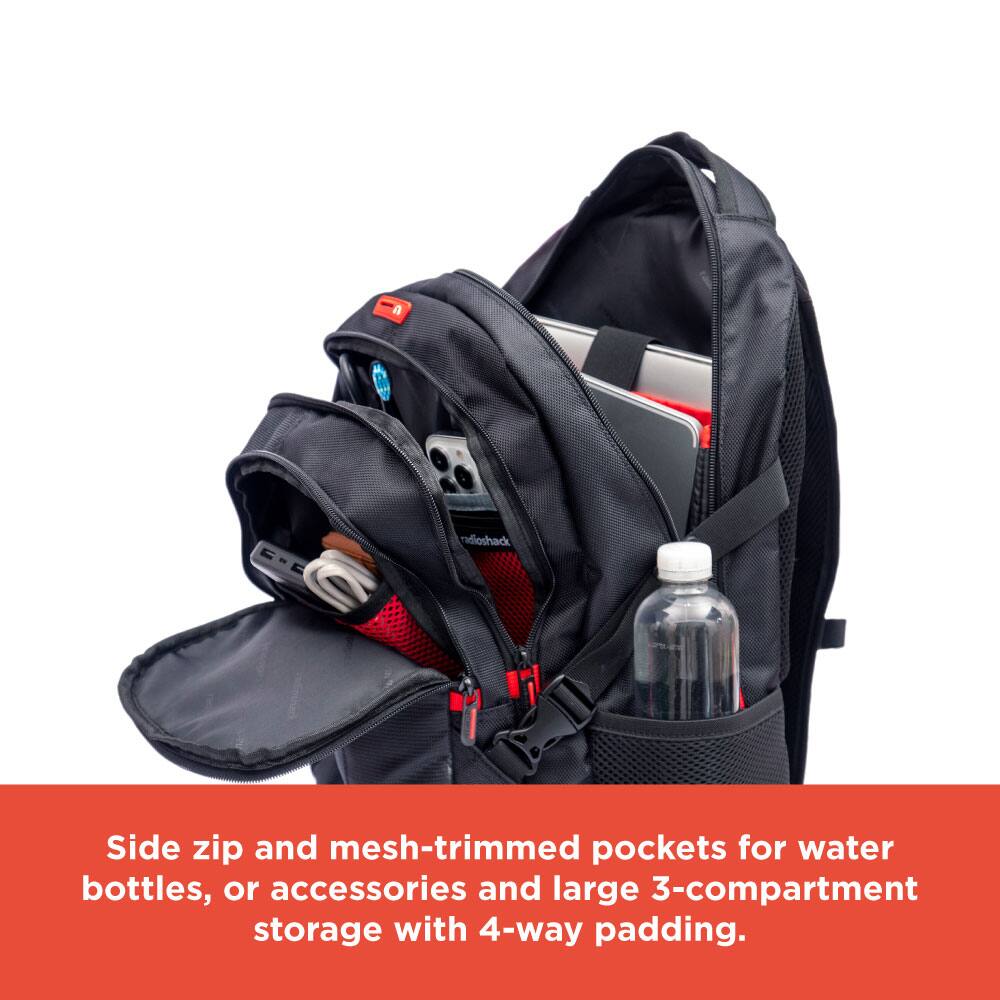 Side zip and mesh-trimmed pockets for water bottles, or accessories and large 3-compartment storage with 4-way padding.