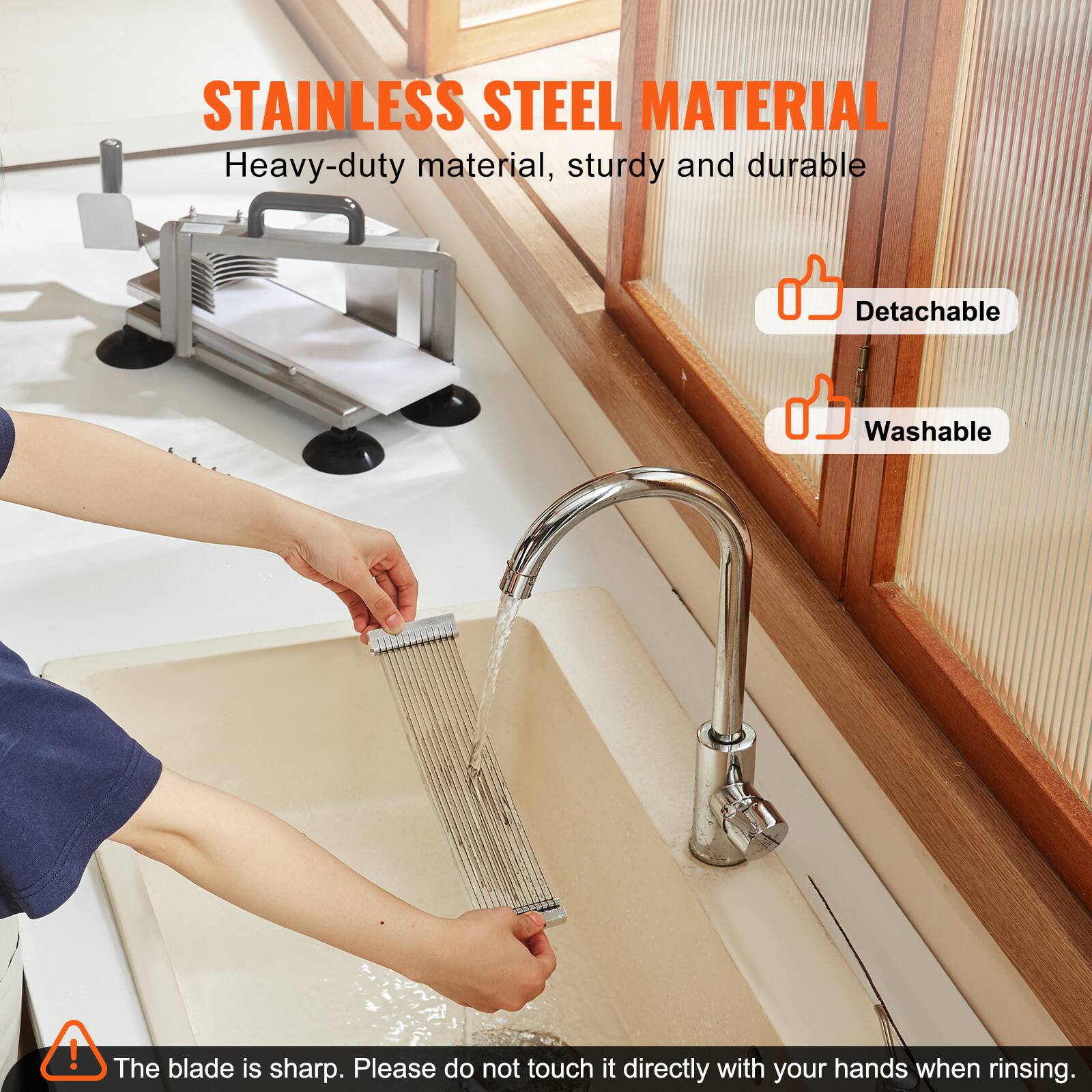 STAINLESS STEEL MATERIAL  
Heavy-duty material, sturdy and durable  

- Detachable  
- Washable  

The blade is sharp. Please do not touch it directly with your hands when rinsing.
