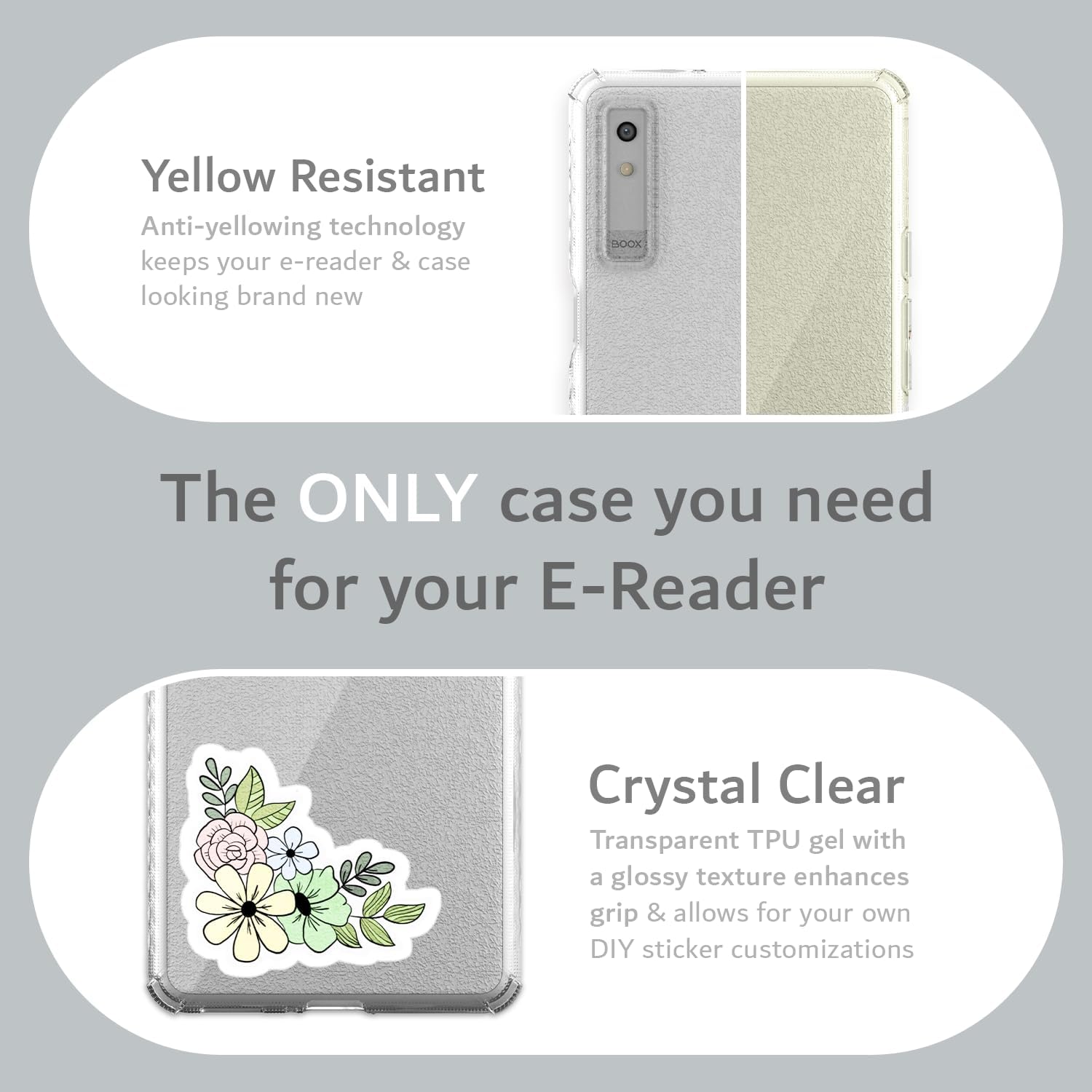 Yellow Resistant  
Anti-yellowing technology keeps your e-reader & case looking brand new  

The ONLY case you need for your E-Reader  

Crystal Clear  
Transparent TPU gel with a glossy texture enhances grip & allows for your own DIY sticker customizations
