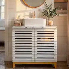 Front. FUFU & GAGA - Bathroom Vanity with Square Ceramic Vessel Sink – 22.2" Louvre Door Cabinet, Solid Wood Legs for Modern Farmhouse - White.