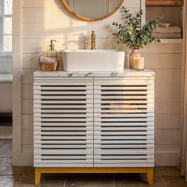FUFU & GAGA - Bathroom Vanity with Square Ceramic Vessel Sink – 22.2" Louvre Door Cabinet, Solid Wood Legs for Modern Farmhouse - White