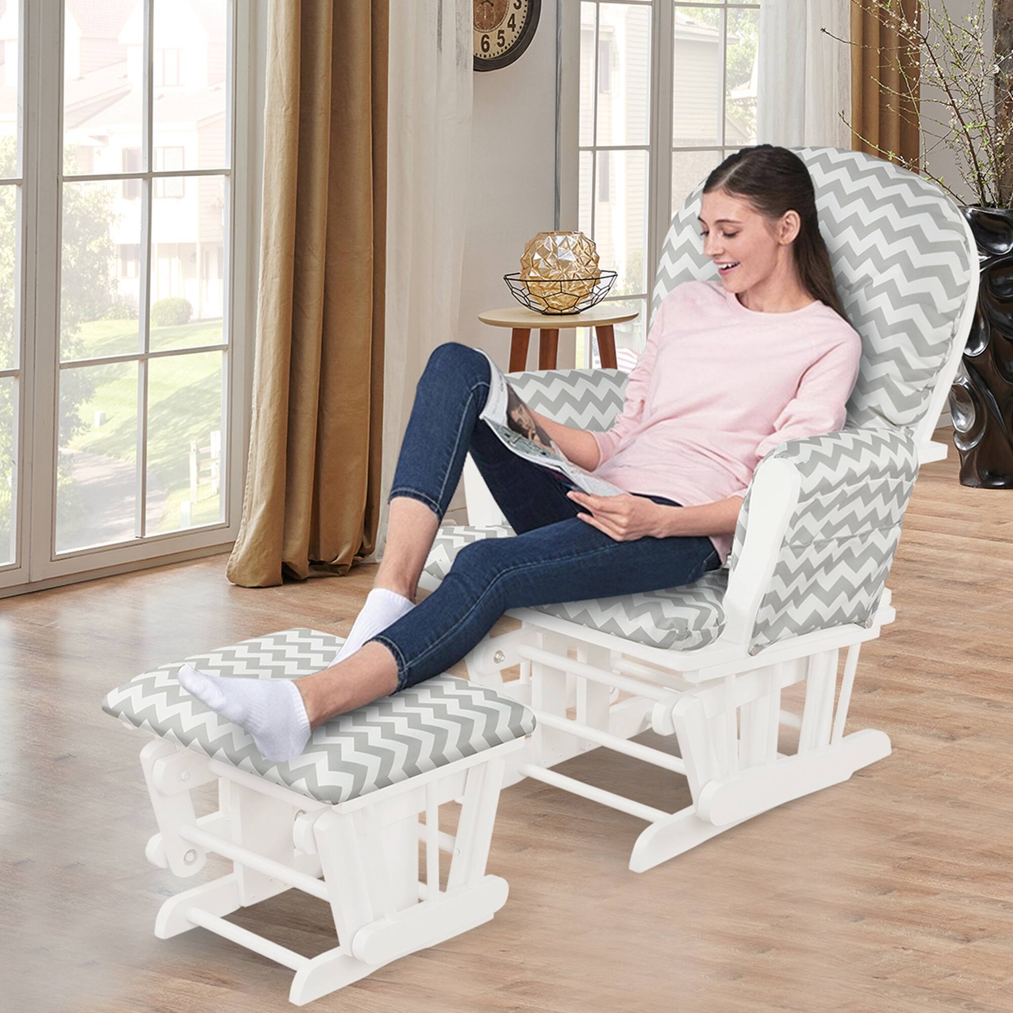 Back. Costway - Glider and Ottoman Cushion Set Wood Nursery Rocking Chair - Light Grey.