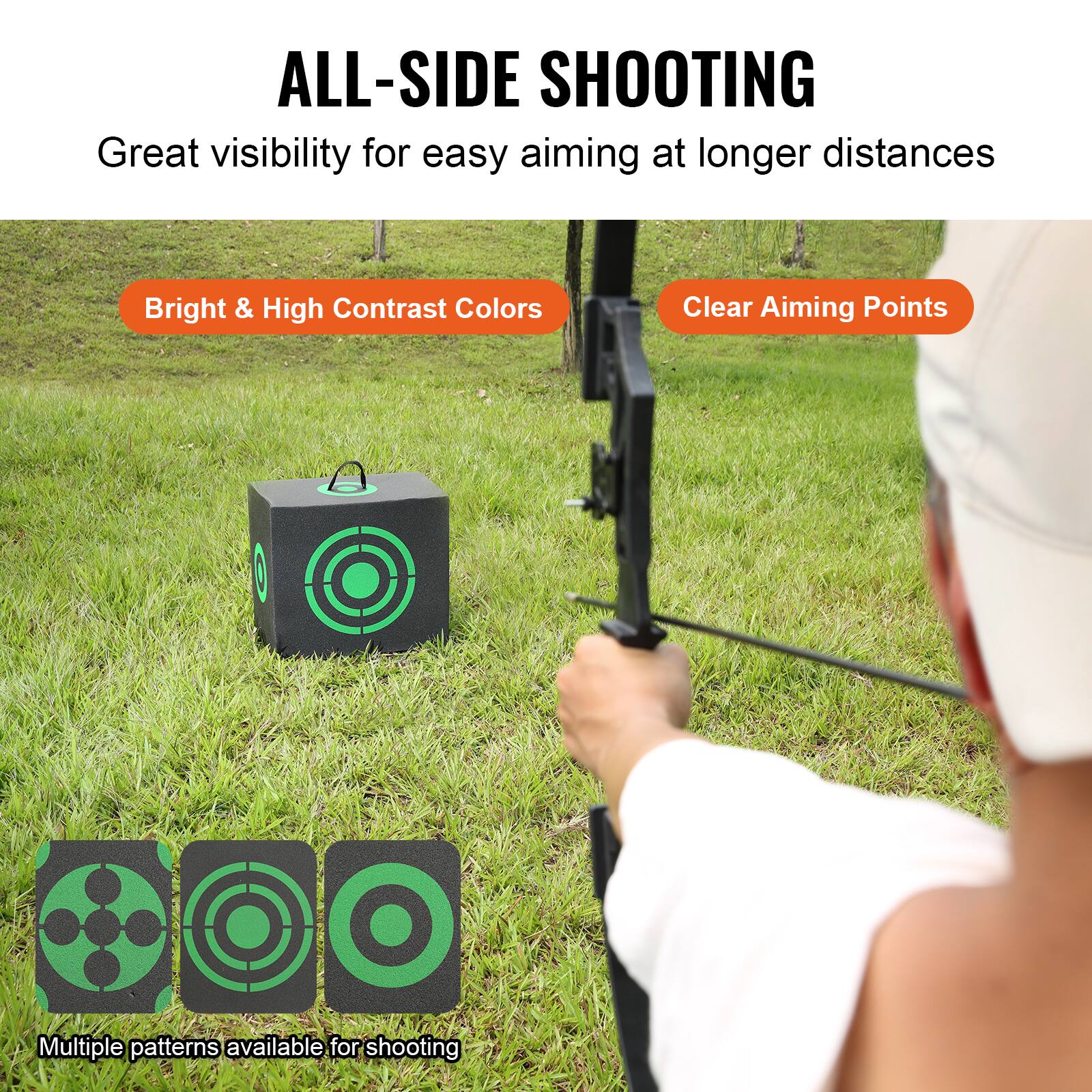 ALL-SIDE SHOOTING  
Great visibility for easy aiming at longer distances  

Bright & High Contrast Colors  
Clear Aiming Points  

Multiple patterns available for shooting