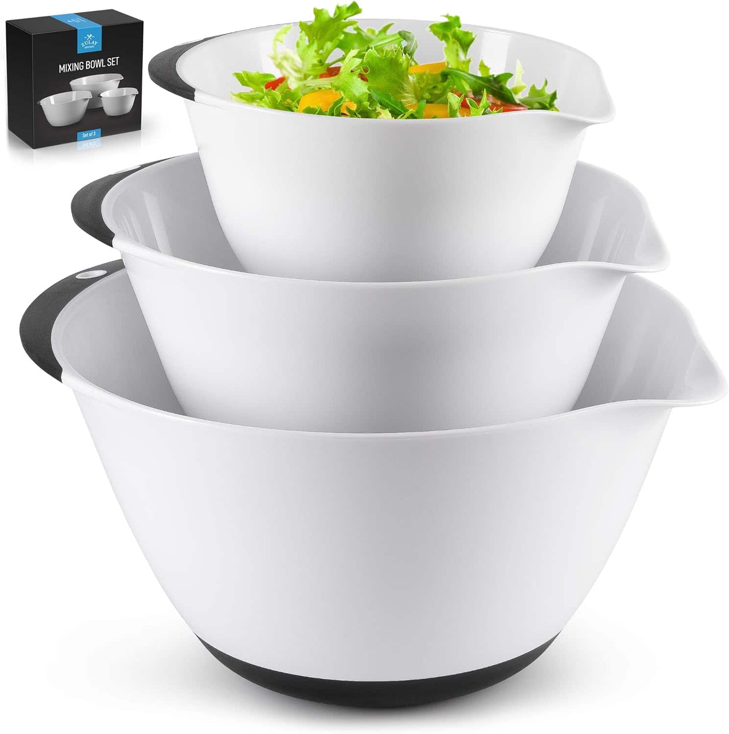 Zulay Kitchen - 3-Piece Mixing Bowl Set - Plastic Mixing Bowls with Handles & Non-slip Bottom - White