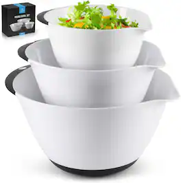Zulay Kitchen - 3-Piece Mixing Bowl Set - Plastic Mixing Bowls with Handles & Non-slip Bottom - White