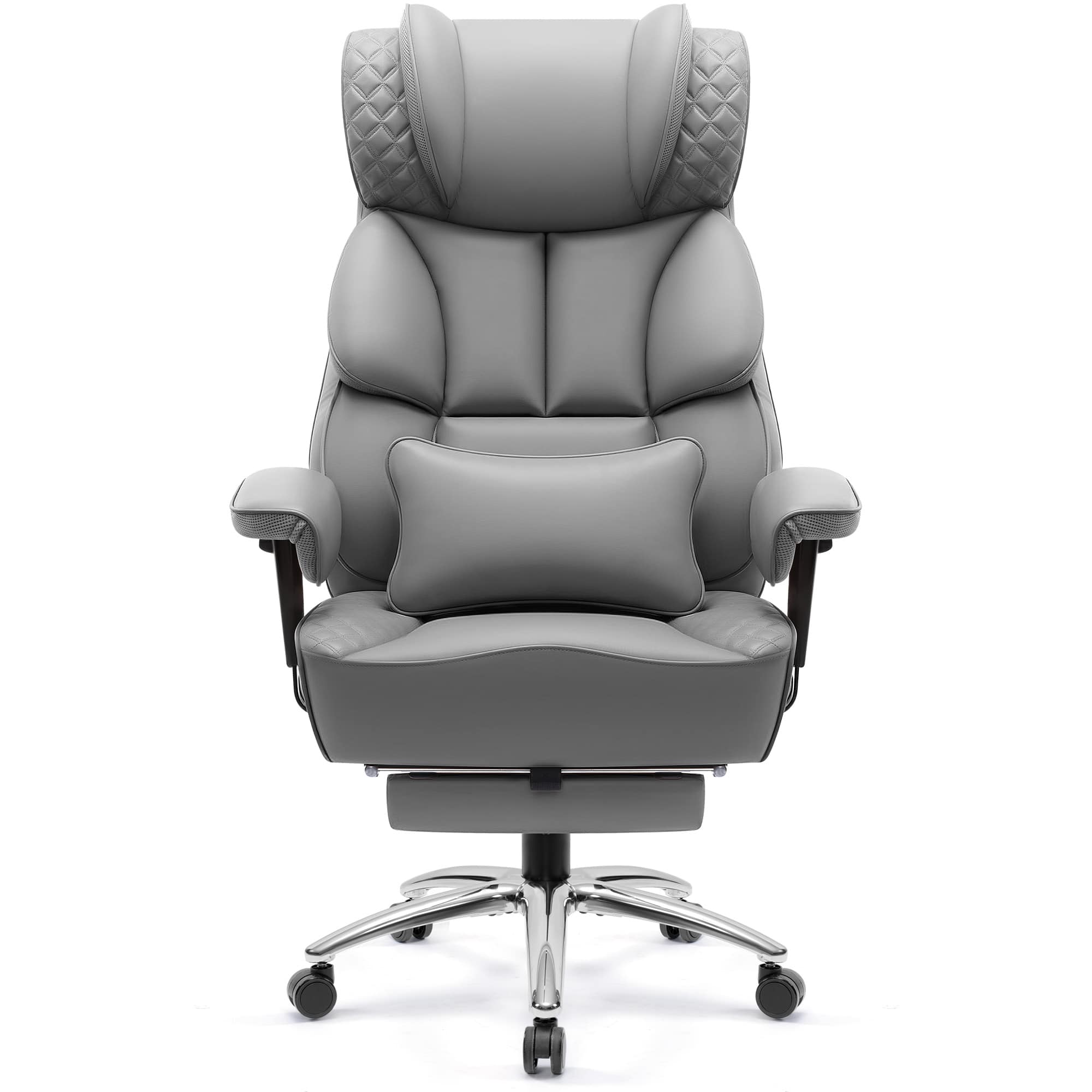 Front. Brick Attic - Big and Tall Ergonomic Office Chair, Wide Executive Leather Reclining Gaming Chair with Footrest - Grey.