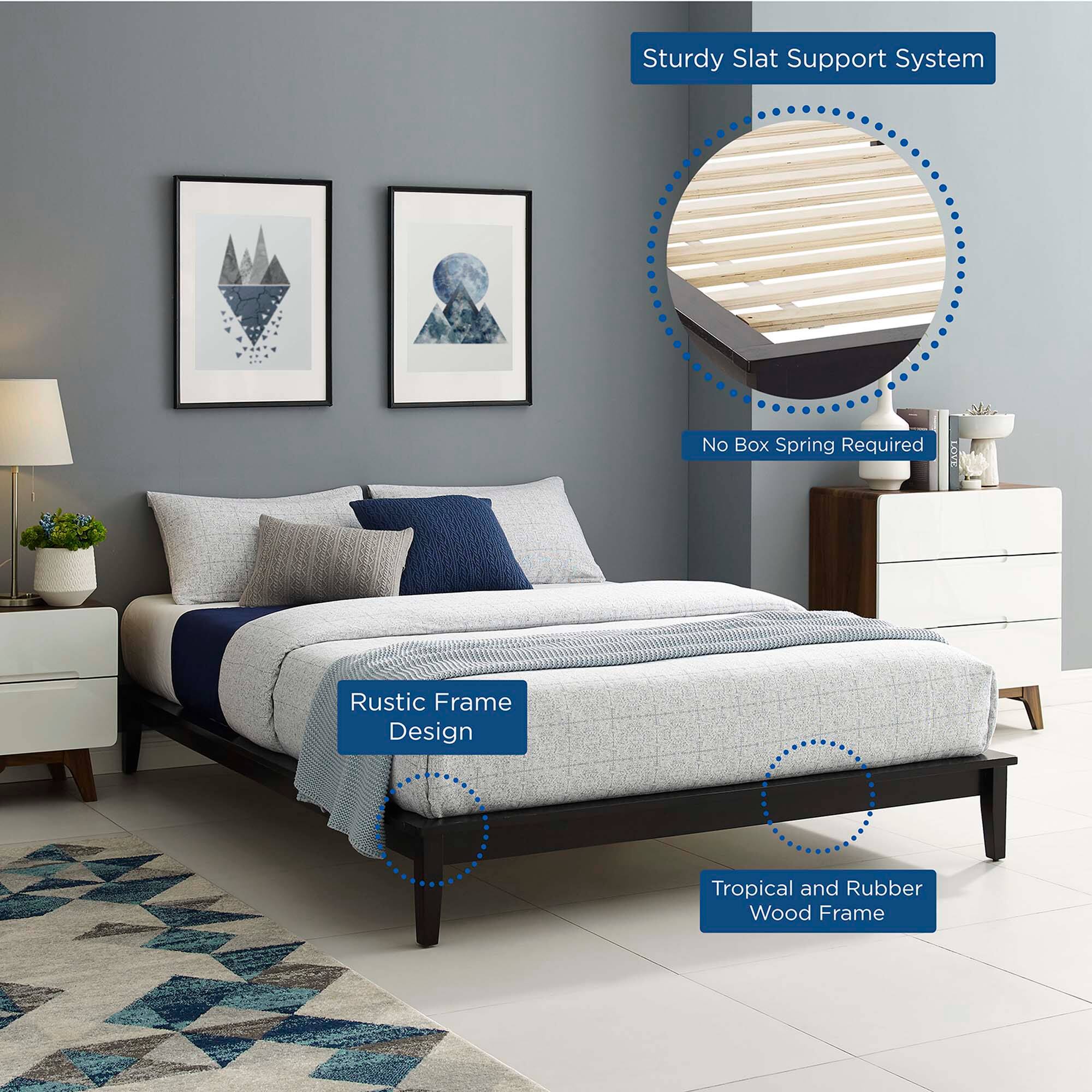 - Sturdy Slat Support System
- No Box Spring Required
- Rustic Frame Design
- Tropical and Rubber Wood Frame