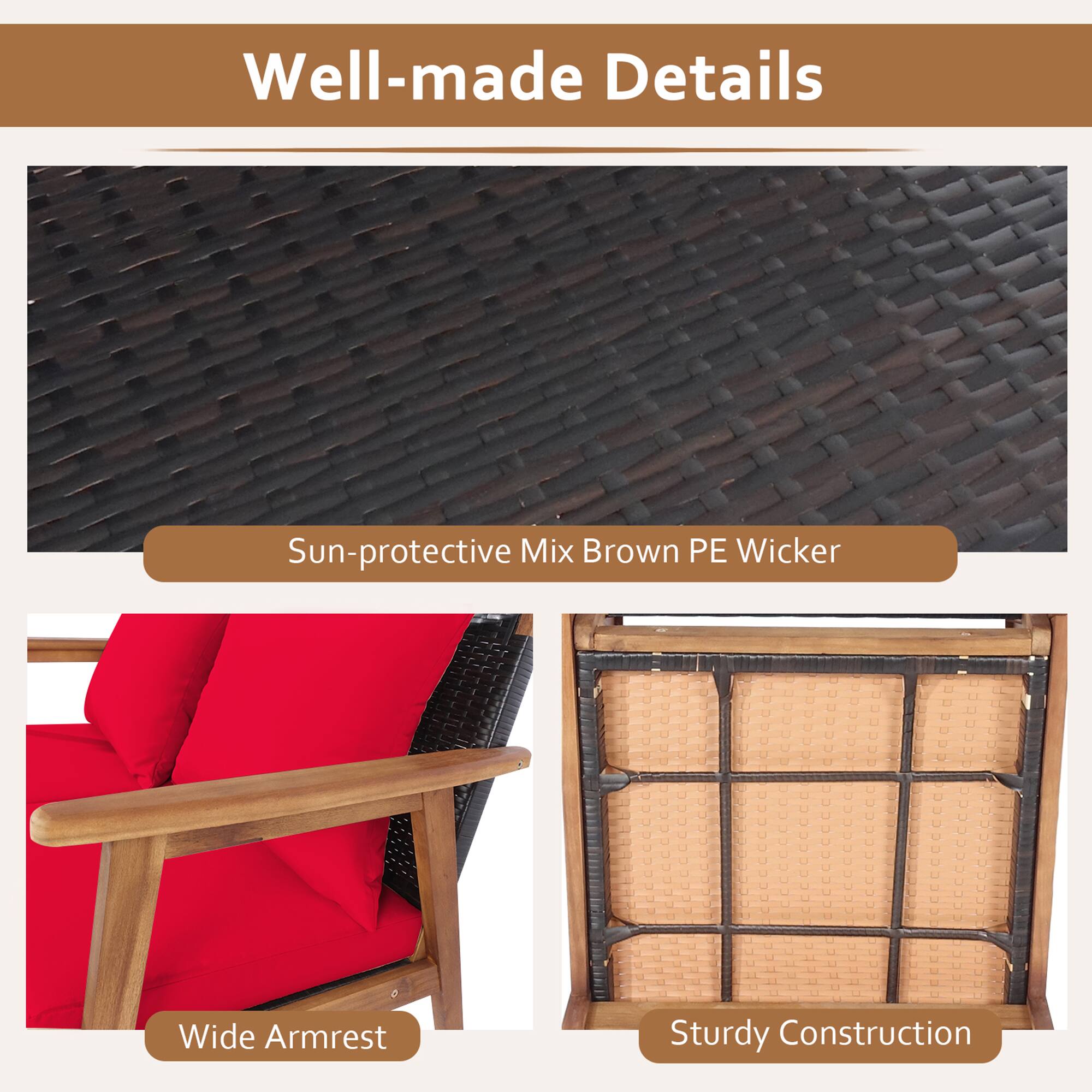 Well-made Details
Sun-protective Mix Brown PE Wicker
Wide Armrest
Sturdy Construction