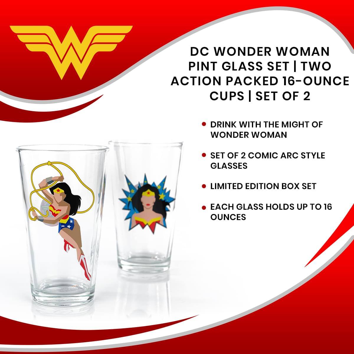 DC Wonder Woman Pint Glass Set | Two Action Packed 16-Ounce Cups | Set of 2

- Drink with the Might of Wonder Woman
- Set of 2 Comic Arc Style Glasses
- Limited Edition Box Set
- Each Glass Holds Up to 16 Ounces